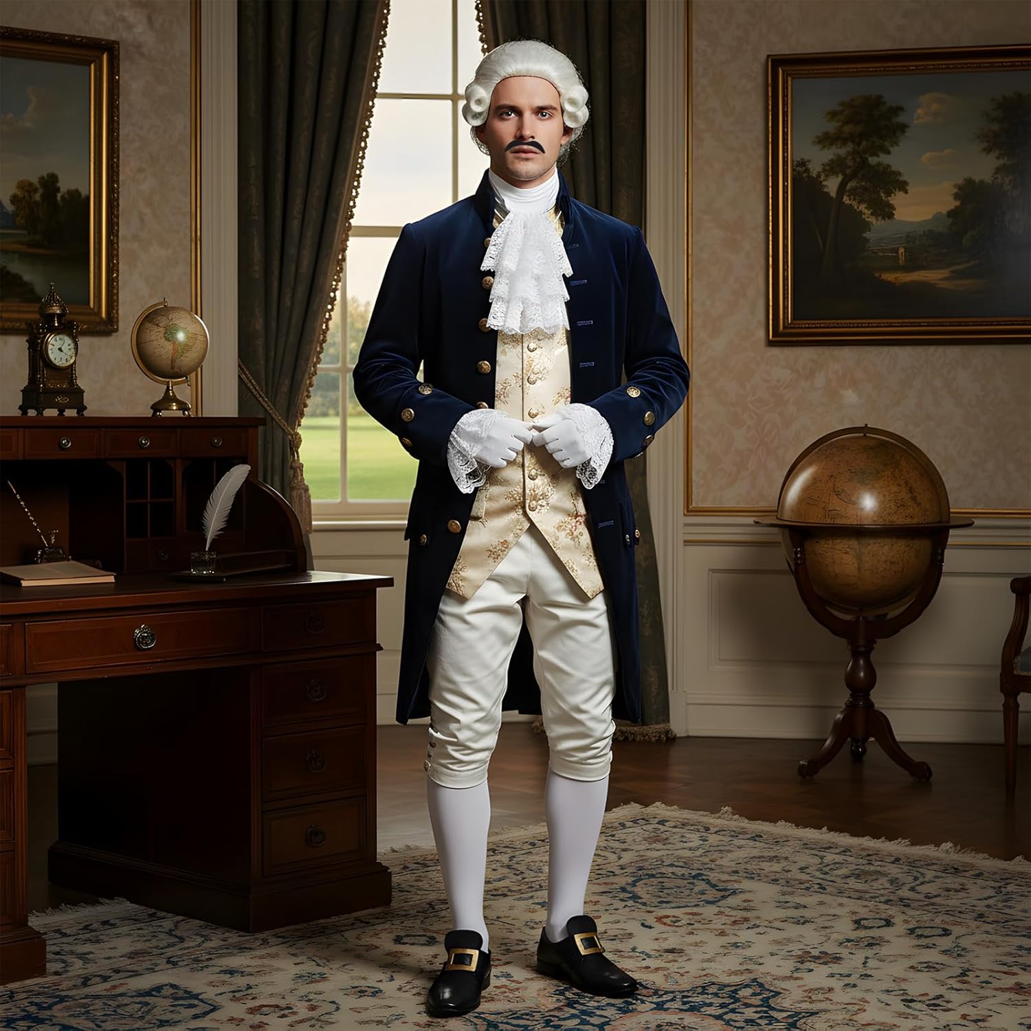 Hillban 6 Pieces Colonial Judge Costume Accessory Set with White Wig Shoe Buckles Fake Mustache Lace Jabot Collar Cuffs Socks and Gloves for Carnival Cosplay