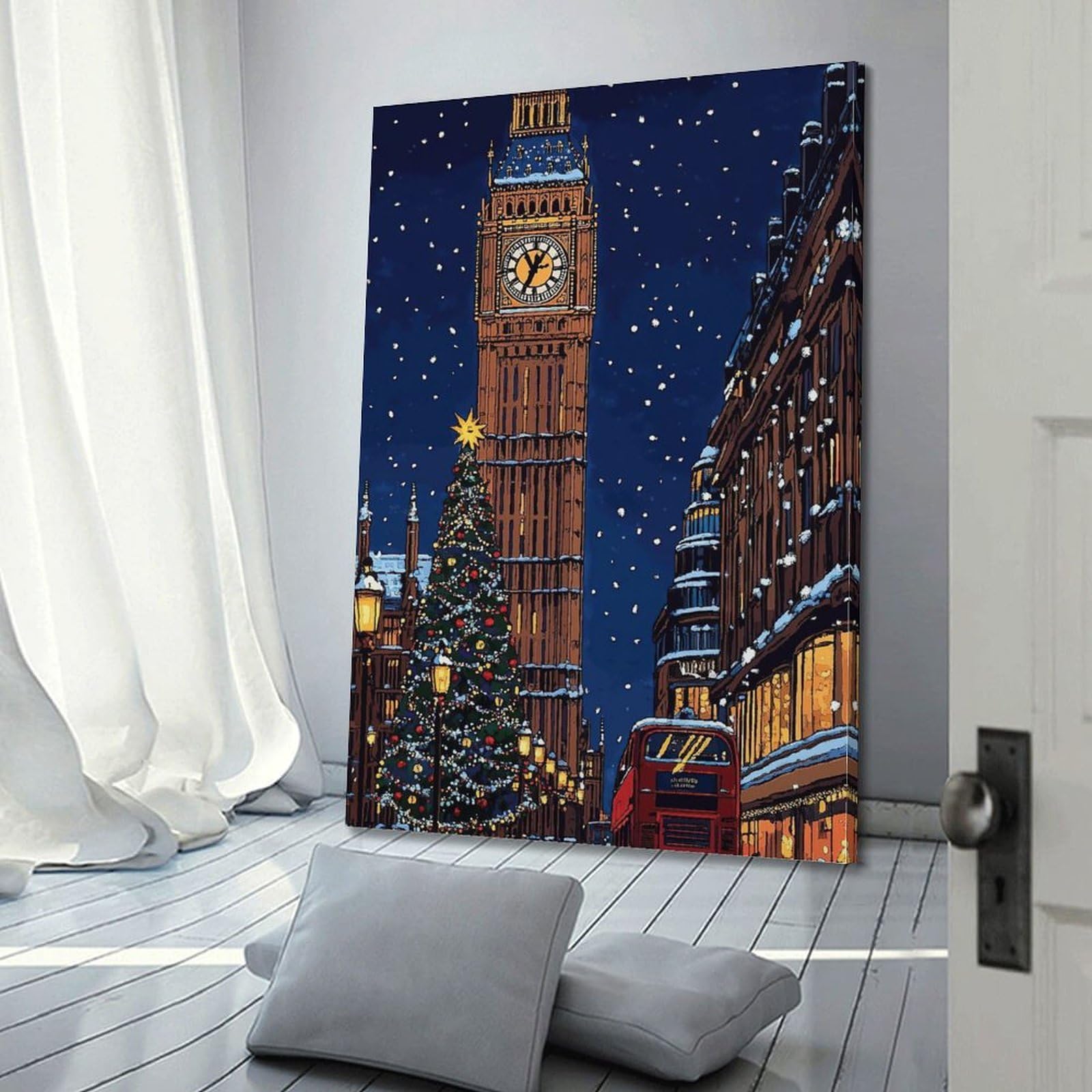 CWLLOG Stampa artistica da parete su tela, poster natalizio con scena di Londra e Big Ben, mostra festival urbani moderni, per soggiorno e camera da letto, 50 x 75 cm