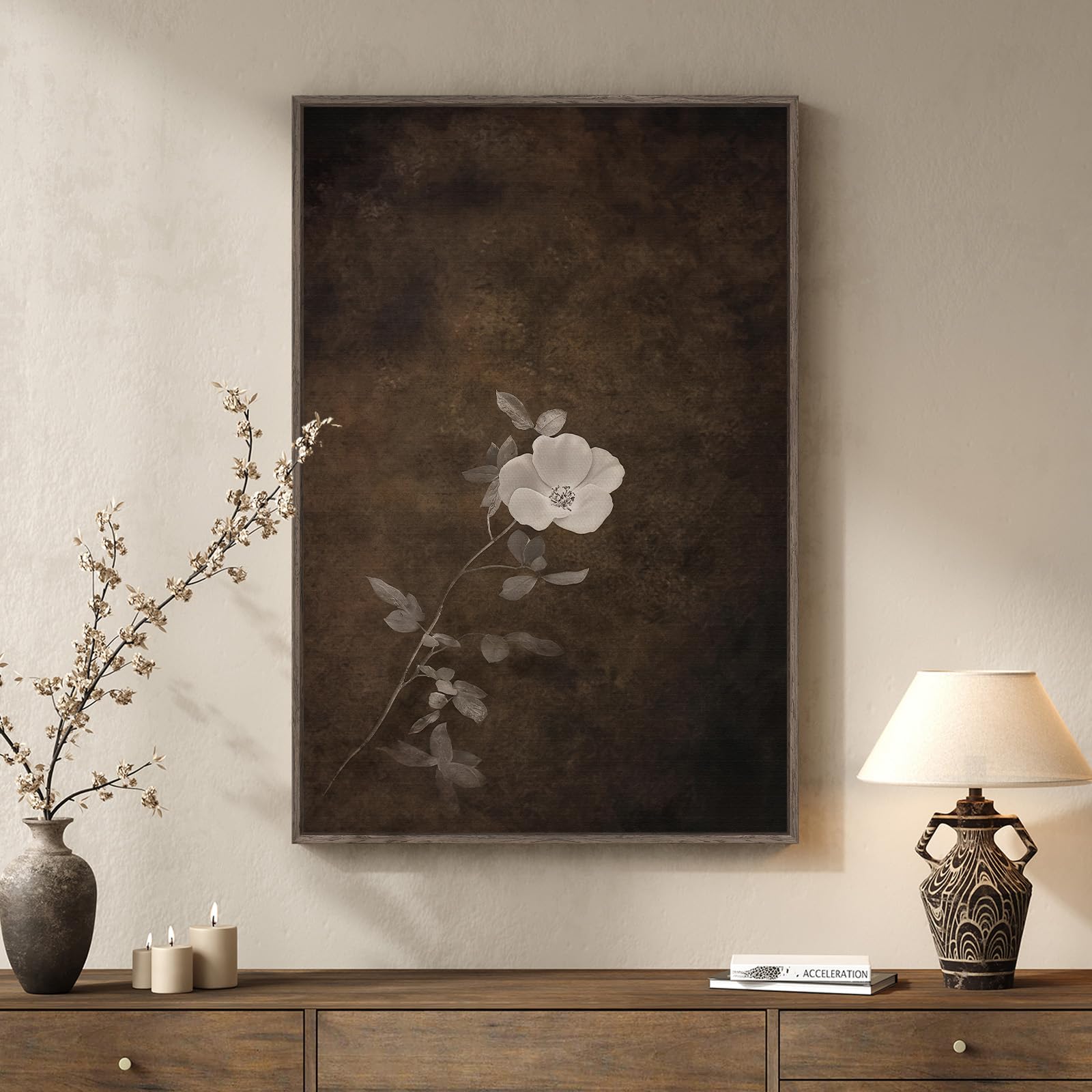 Framed Vertical Vintage Wabi Sabi Japandi Floral Wall Art