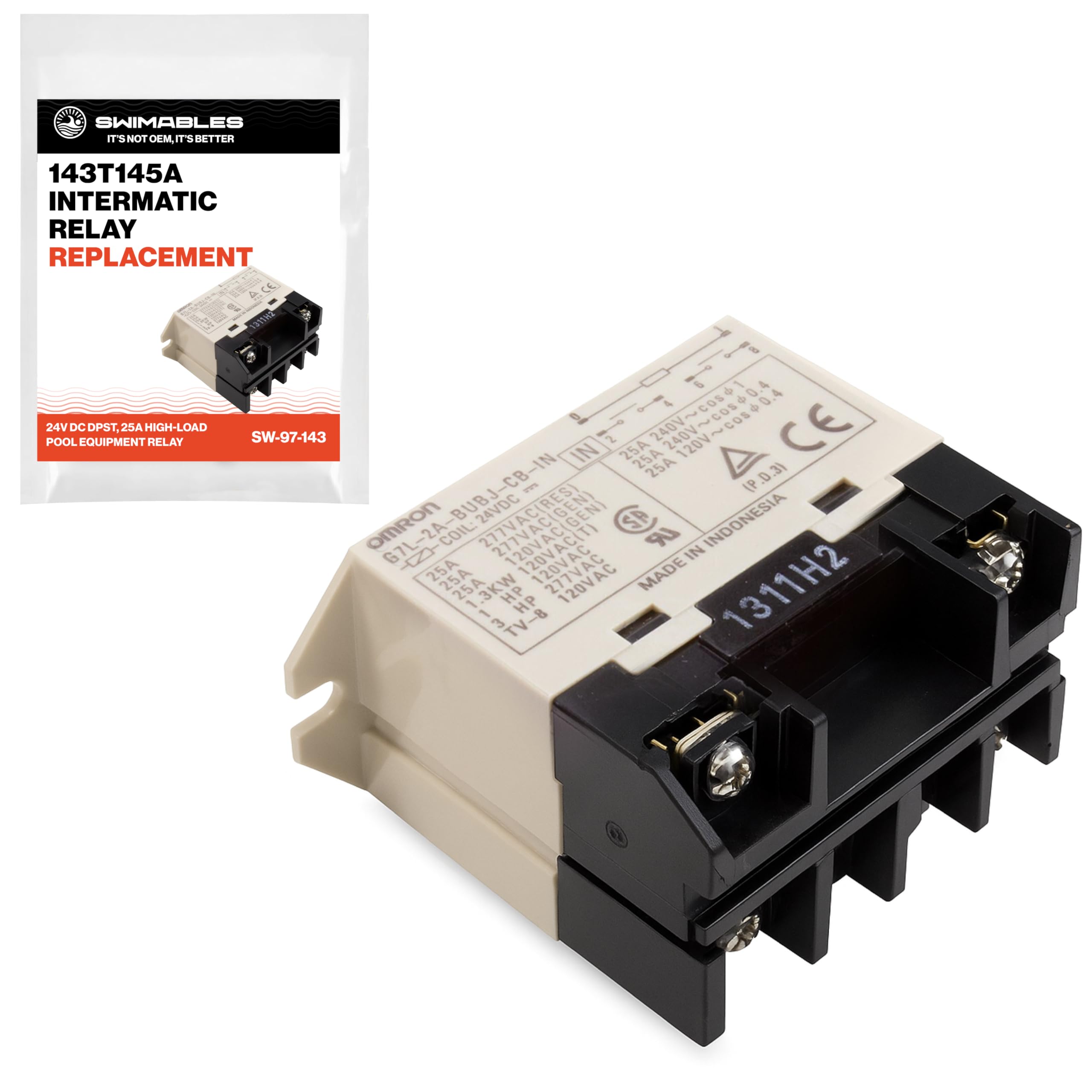 Swimables 143T145A Intermatics Relay Replacement - 24V DC DPST, 25A High-Load Pool Equipment Relay Compatible with Pool Timers & Automation Systems