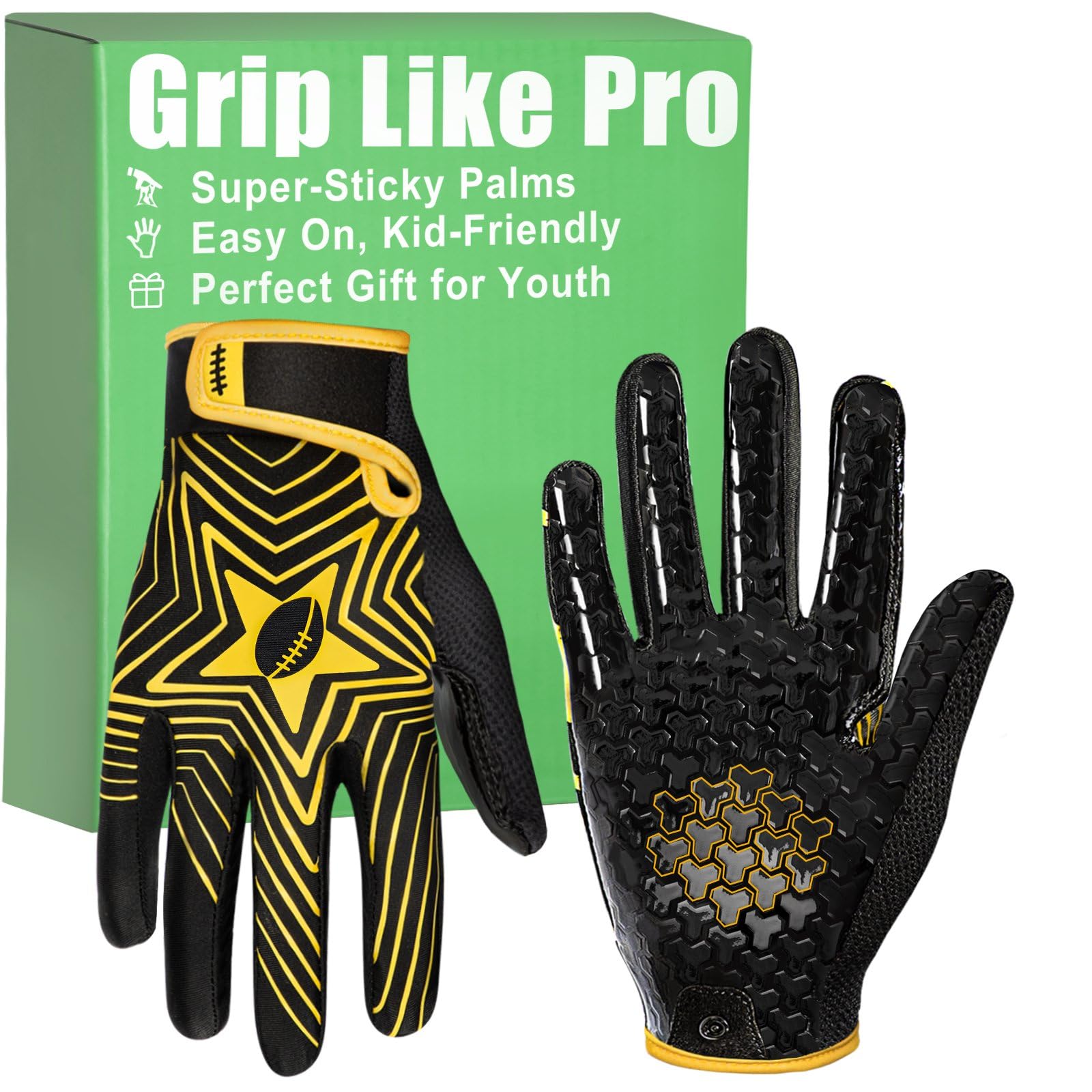 Pixel Panda Youth Football Gloves for Boys Girls, White and Black Flag Football Gloves with Super Sticky Grip, XS-XL Wide Receiver Glove for Kids 5-14