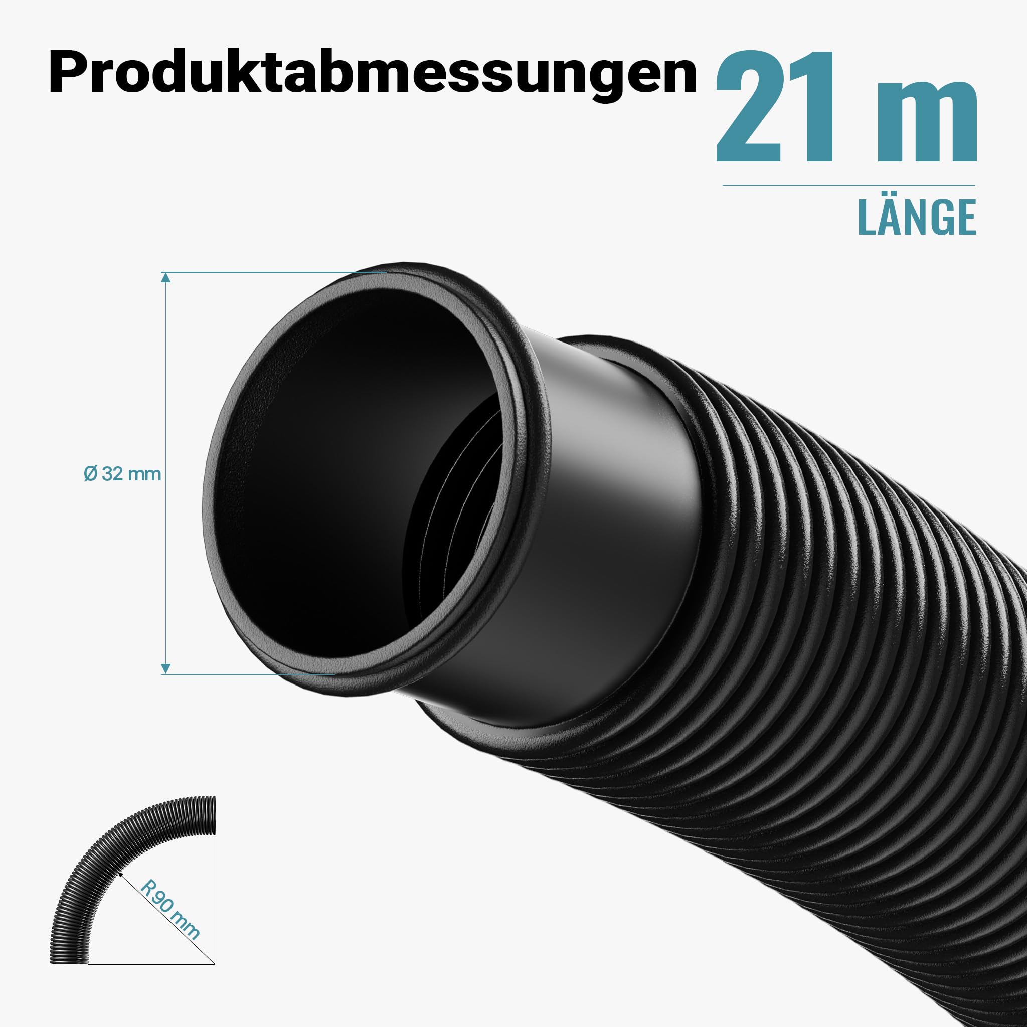 Wiltec Poolschlauch 21 m ⌀32 mm, Schwimmbadschlauch mit Muffen, Pumpenschlauch für Schwimmbecken, Saugschlauch, Solarschlauch