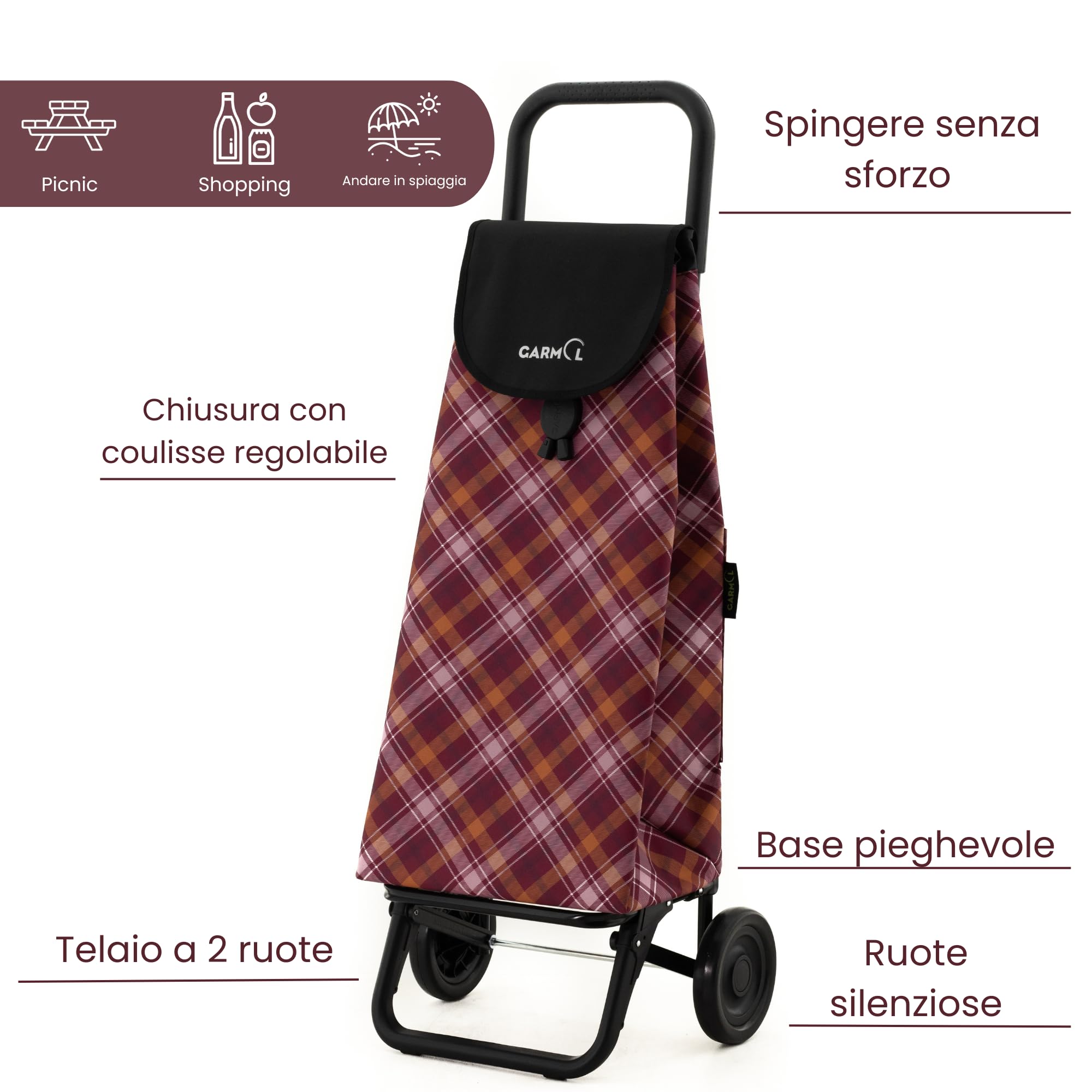 GARMOL Carrello della spesa pieghevole da 55 litri | Carrello della spesa 2 Ruote Grande Capacità | Carrello della spesa pieghevole colore bordeaux