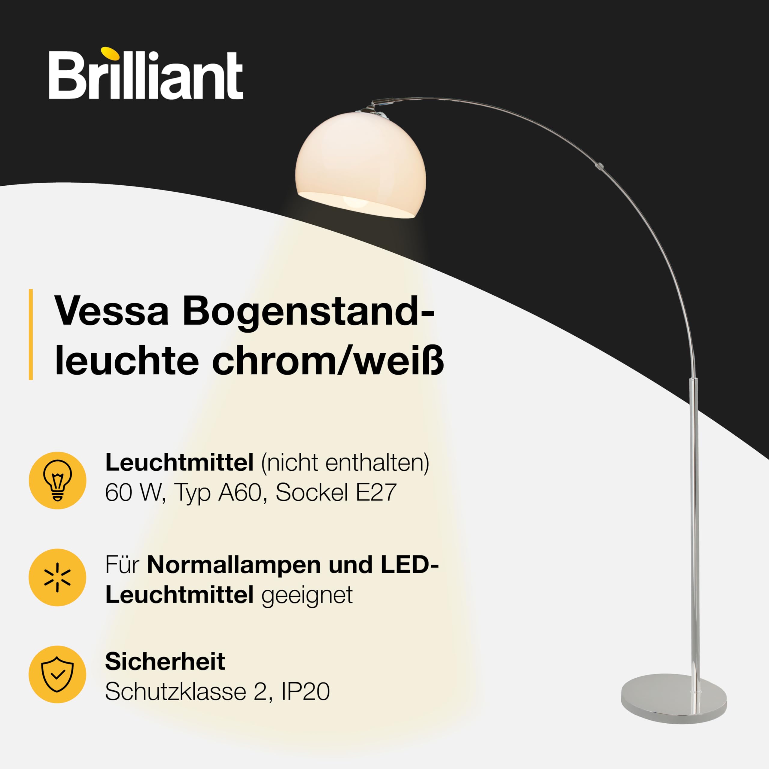 Brilliant lampada Goldy lampada da terra 1-luce nero-opaco/oro | 1x lampade normali A60, E27, 28W, gf non specificate Adatto per lampade a LED | Con interruttore a pedale