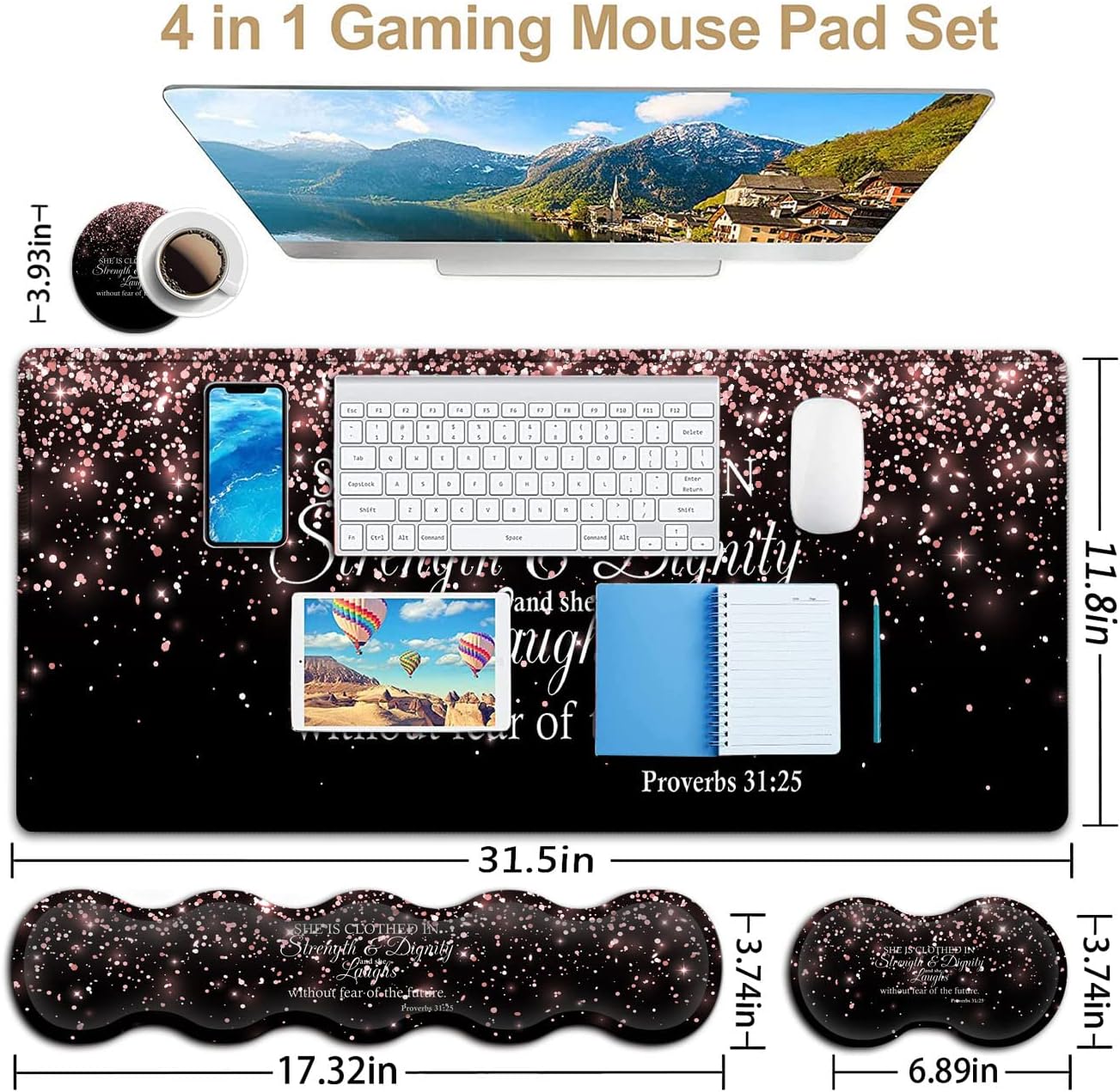 Large Mouse Pad,Ergonomic Mouse Wrist Support+Keyboard Wrist Rest Set+Extended Gaming Mouse Pad Proverbs 31:25 Bible Rose Gold Office Desk Mat Writing Mat Laptop Protector Accessories Black Desk Pad