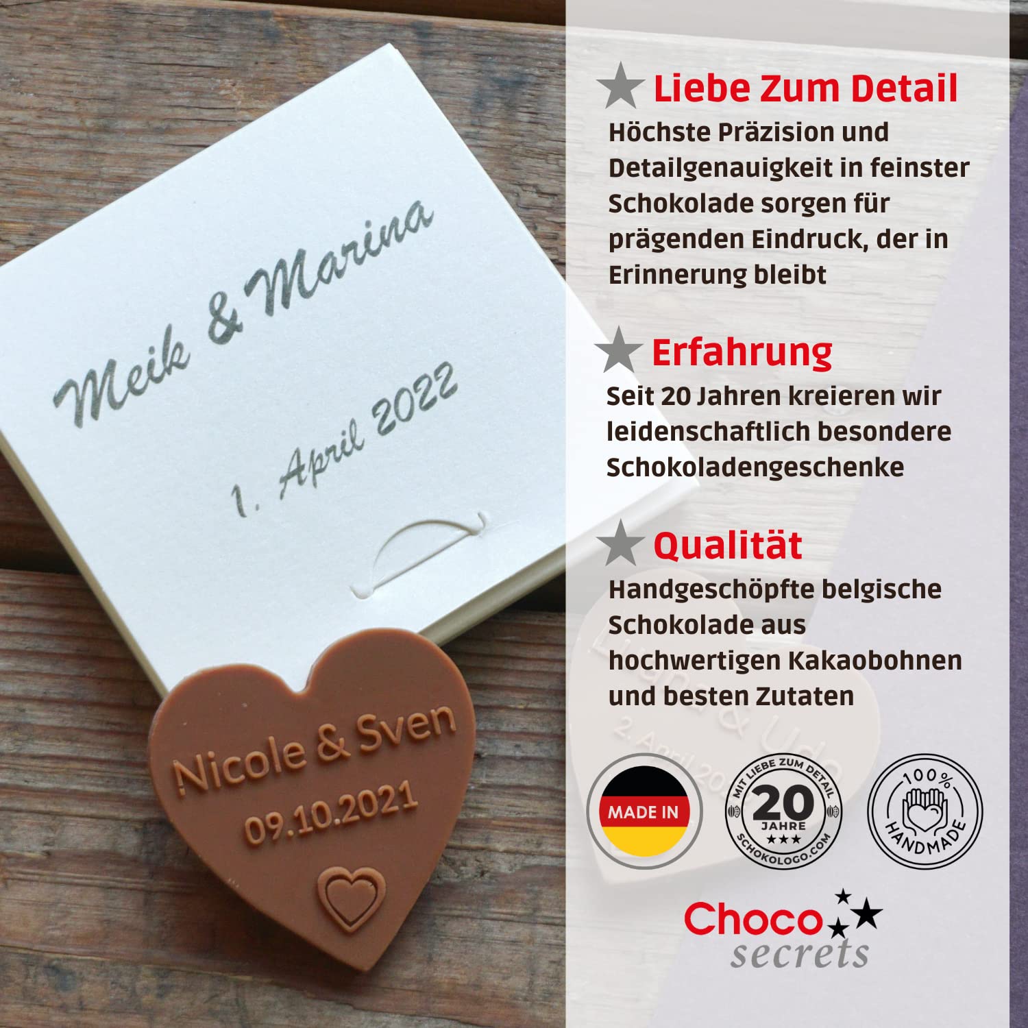 CHOCO SECRETS 20 Personalisierte Schoko-Herzen einzeln verpackt - Personalisierte Schokolade mit Namen und Datum - Einzigartige Hochzeit-Gastgeschenke - Schokoladenherzen mit individueller Geschenkbox