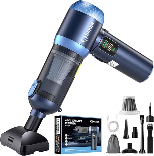 Saker Aspiradora portátil inalámbrica de 20000 Pa con potencia de succión 4 en 1, aspiradora de mano con luz LED tipo C, mini aspiradoras portátiles