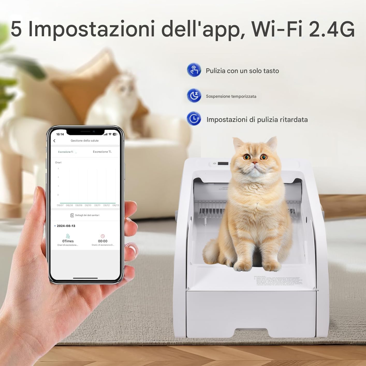 Lettiera per Gatti con Pulizia Automatica 5L Pulsante o Telecomando APP Sotto i 45 Decibel Lettiera Gatto con Sensore a Infrarossi e Protezione dalle Perdite 20 KG Massimo 73,8x25x45 cm