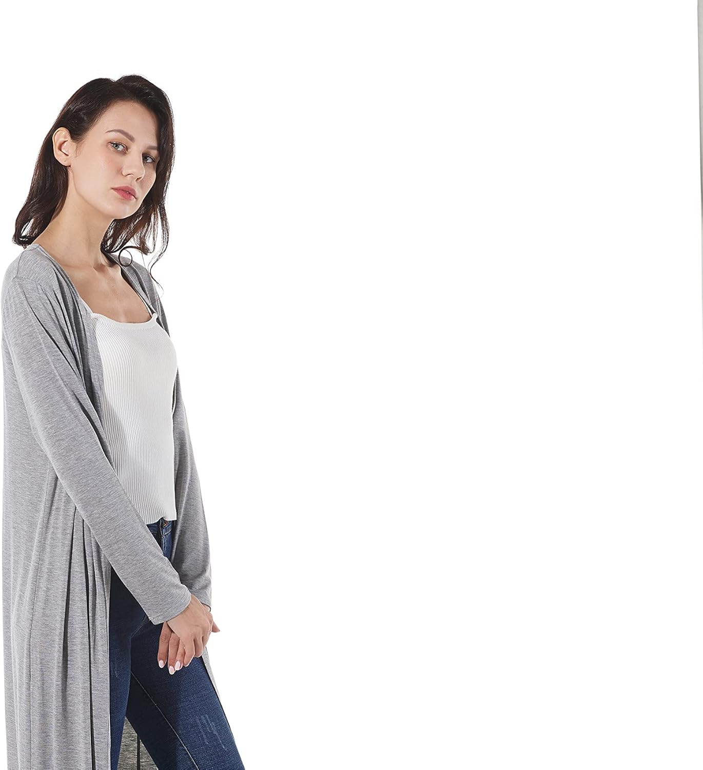 AMGLISE Women's Solid Sweater Essential Duster Long Cascading Open Front Lightweight Blue Cardigan Large Grey