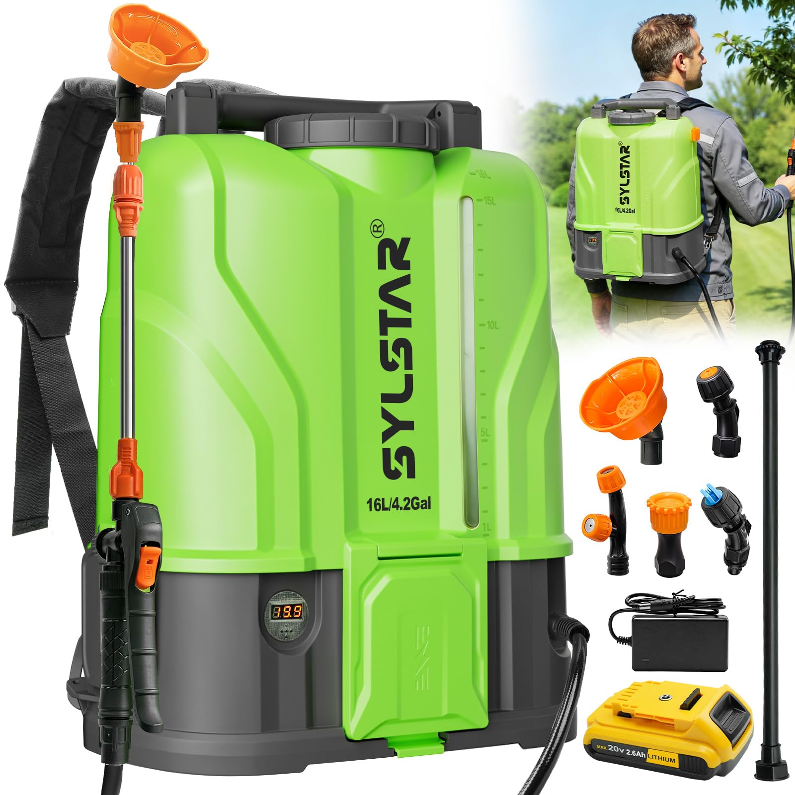SYLSTAR Drucksprüher Akku 16L, 8.3Bar Stark Rückenspritze Akku Kompatibel mit DeWalt 18V Batterien, 5 Düsen Elektrische Unkrautspritze Einstellbare Sprühstärke (Inklusive Ladegerät