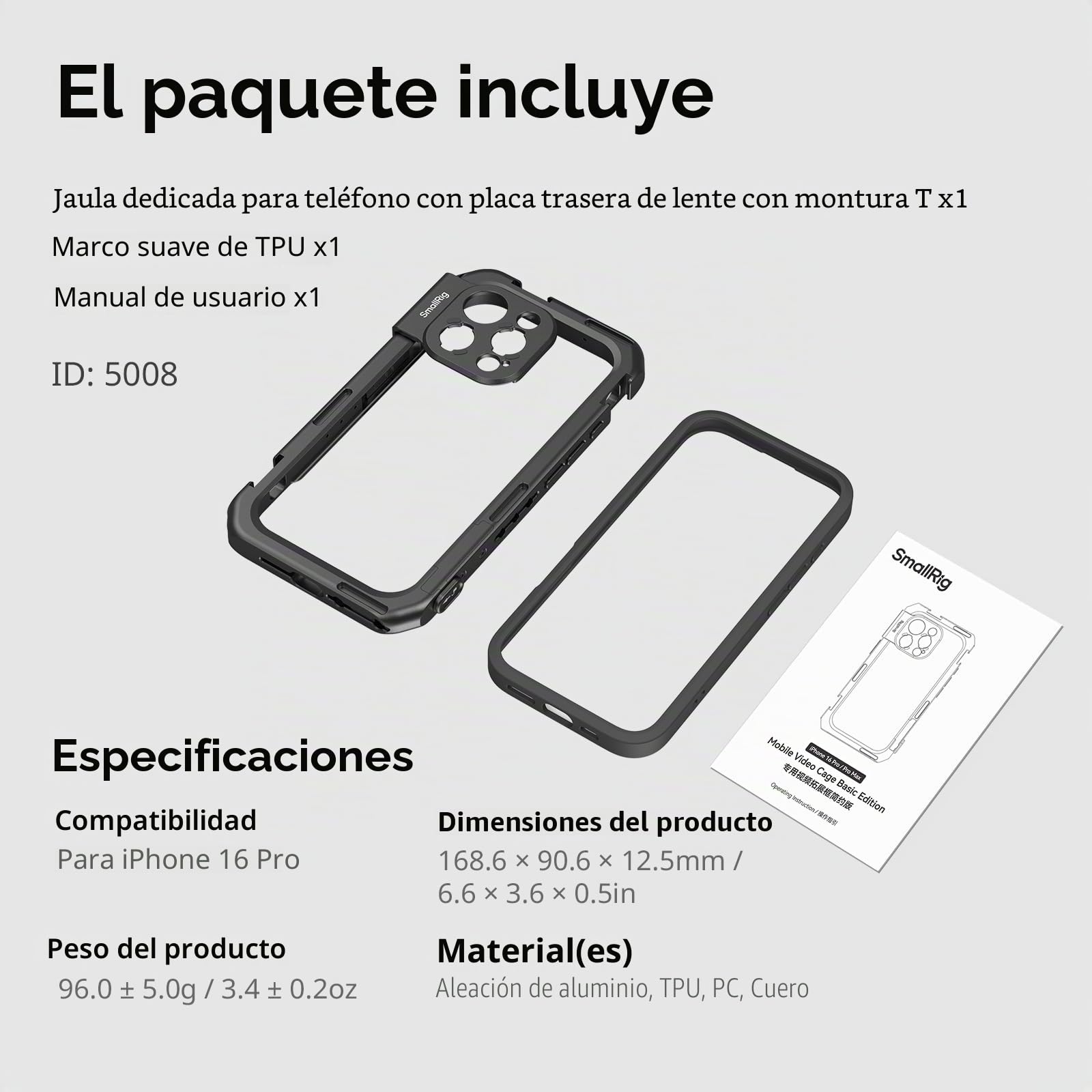 SMALLRIG Mobile Video Cage Basic Edition para iPhone 16 Pro con Carcasa Dedicada para Teléfono con Placa Posterior de Lente con Montura en T, Marco Suave de TPU - 5008