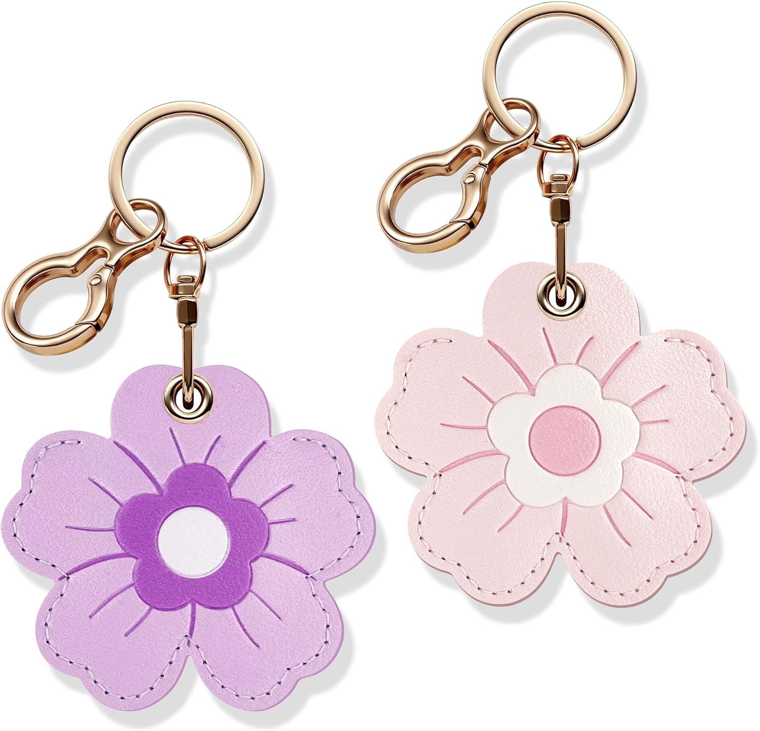 Leather Keychain for AirTag Holder 2 Pack, Cute Floral Protective Case for AirTag 1 & 2nd Gen, Aesthetic Bag Charm with Key Ring for Women, Backpack, Luggage, Wallet(Pink Purple)