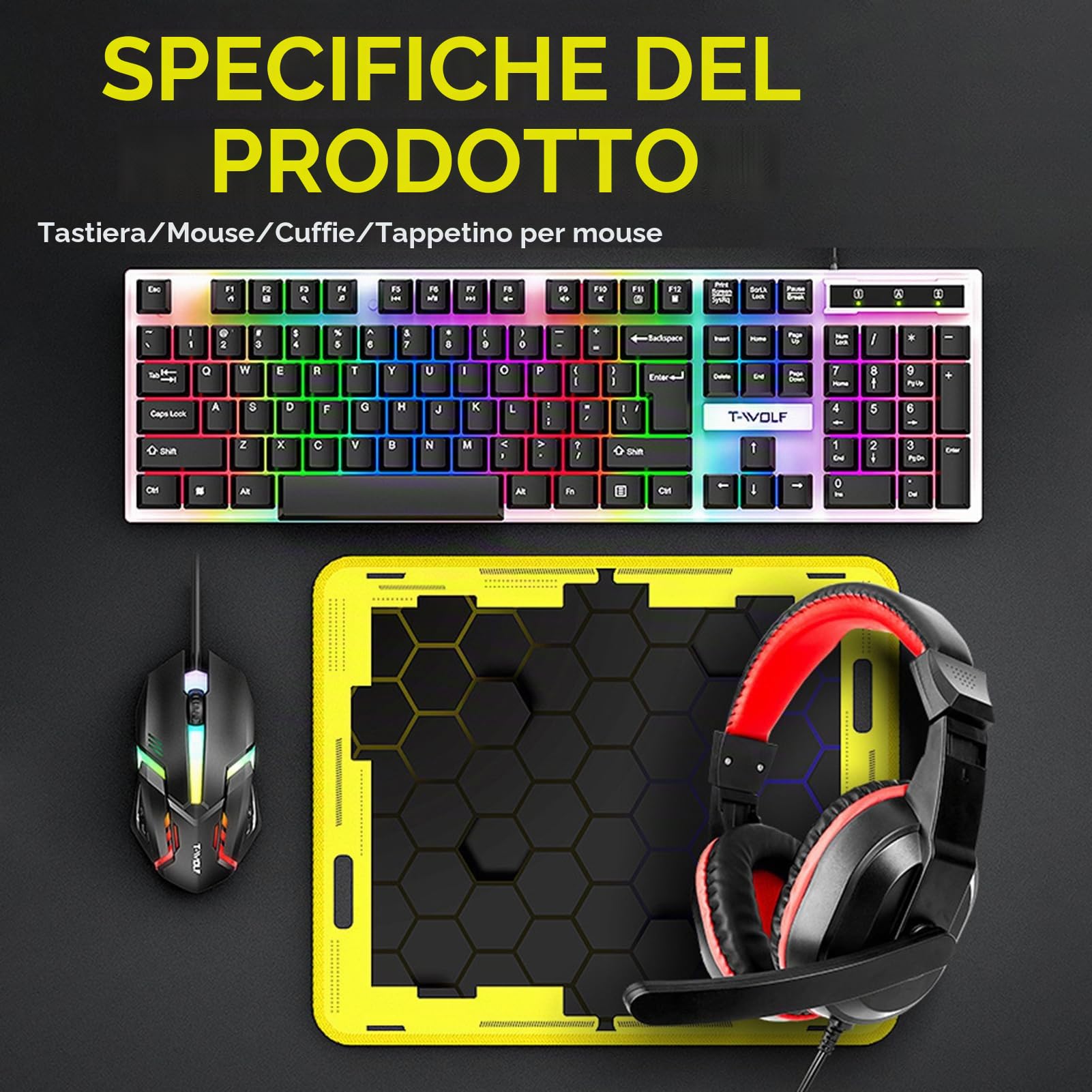 docooler Cuffie da gioco con tastiera e mouse combinate con tappetino per mouse Cuffie da gioco 1000 con mouse retroilluminato colorato ad alta velocità di movimento con microfono