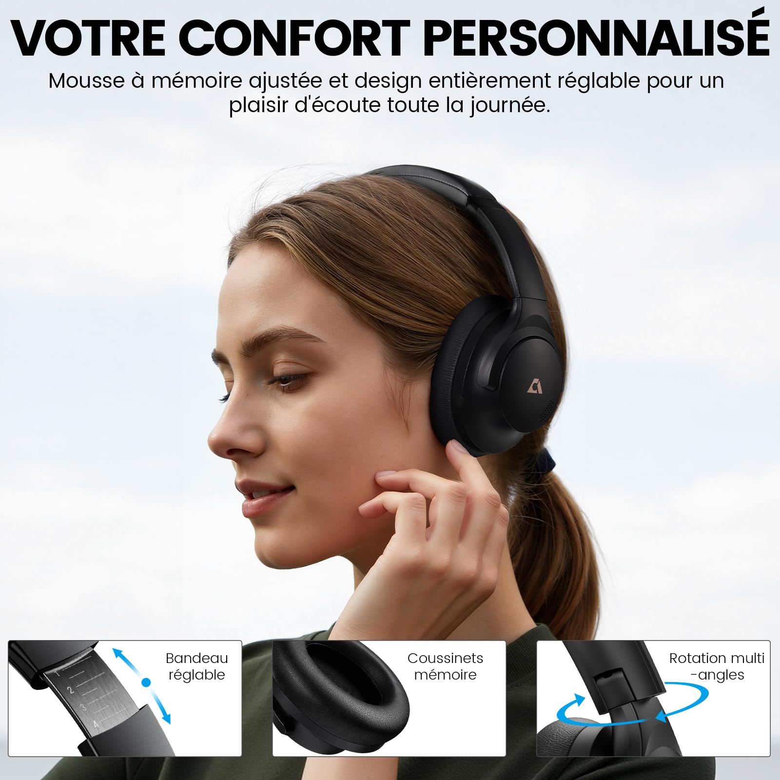 1Mii Y8+ Casque Bluetooth 6.0 sans Fil Anti Bruit, Réduction de Bruit Active Hybride, Son 100H d'Autonomie, LDAC Hi-Res Audio, Bass Boost, EQ Personnalisé Via App, Confortable Over-Ear Noir