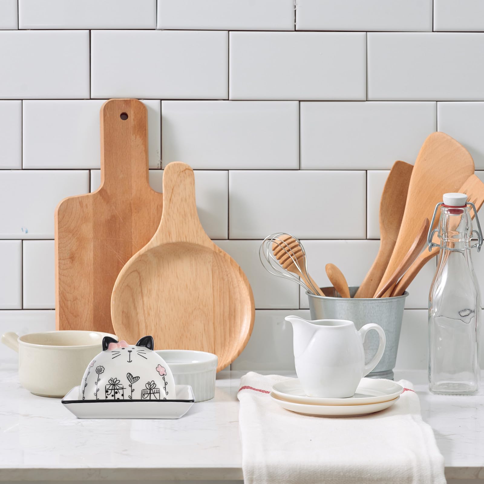 LALAFINA Beurrier en Céramique Cuisine avec Couvercle Motif Chat