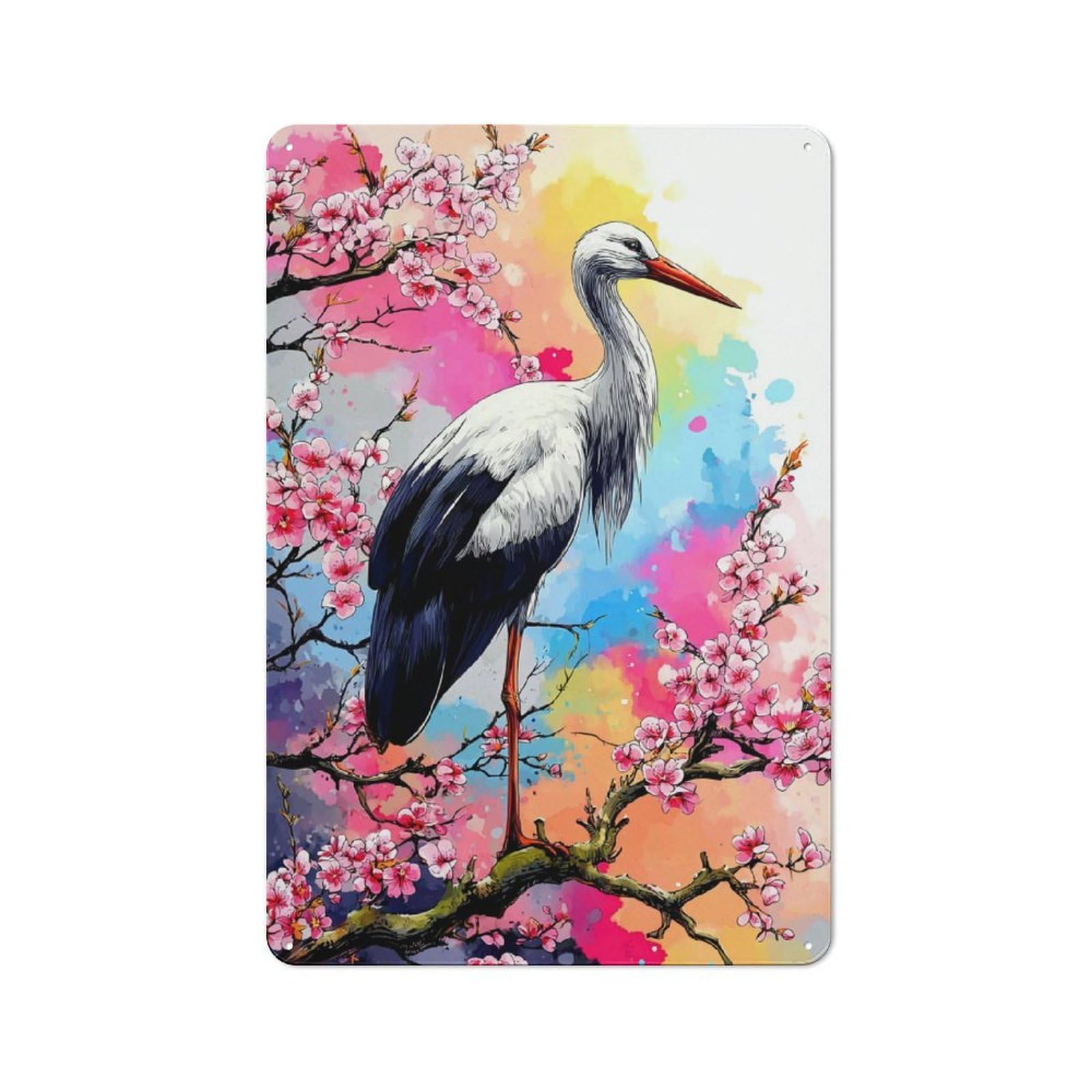 Junmoney Stork Amidst Cherry Blossoms -1 Retro Metal Sign With Design 30X20cm, Nostalgic Vintage Wall Decor For Kitchen, Hallway, Bar Or Small Cafe