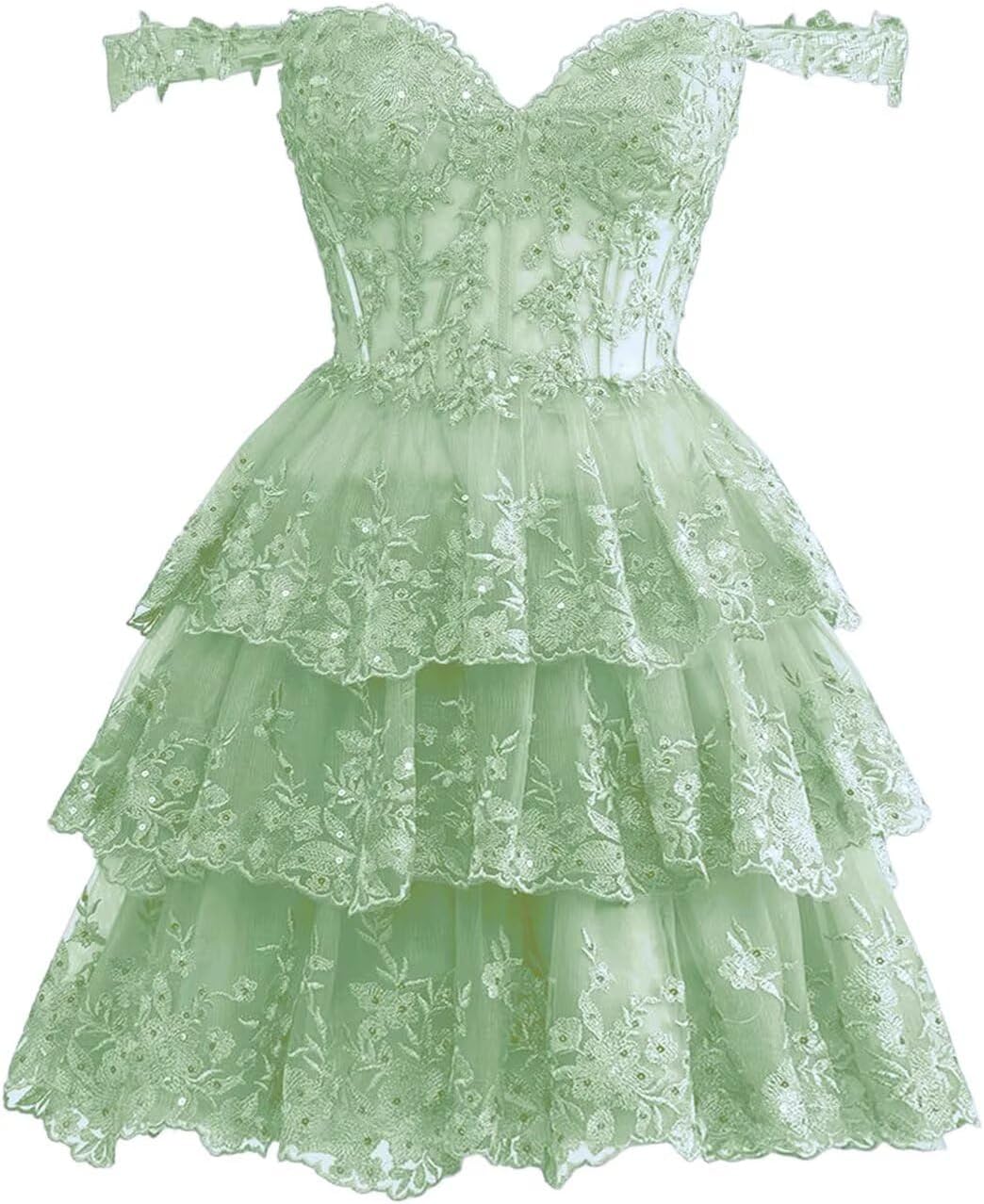 Women's Lace Sparkly Tulle Homecoming Dresses Off Shoulder Prom Party Dress for Teens Lace Applique Tiered A-line
