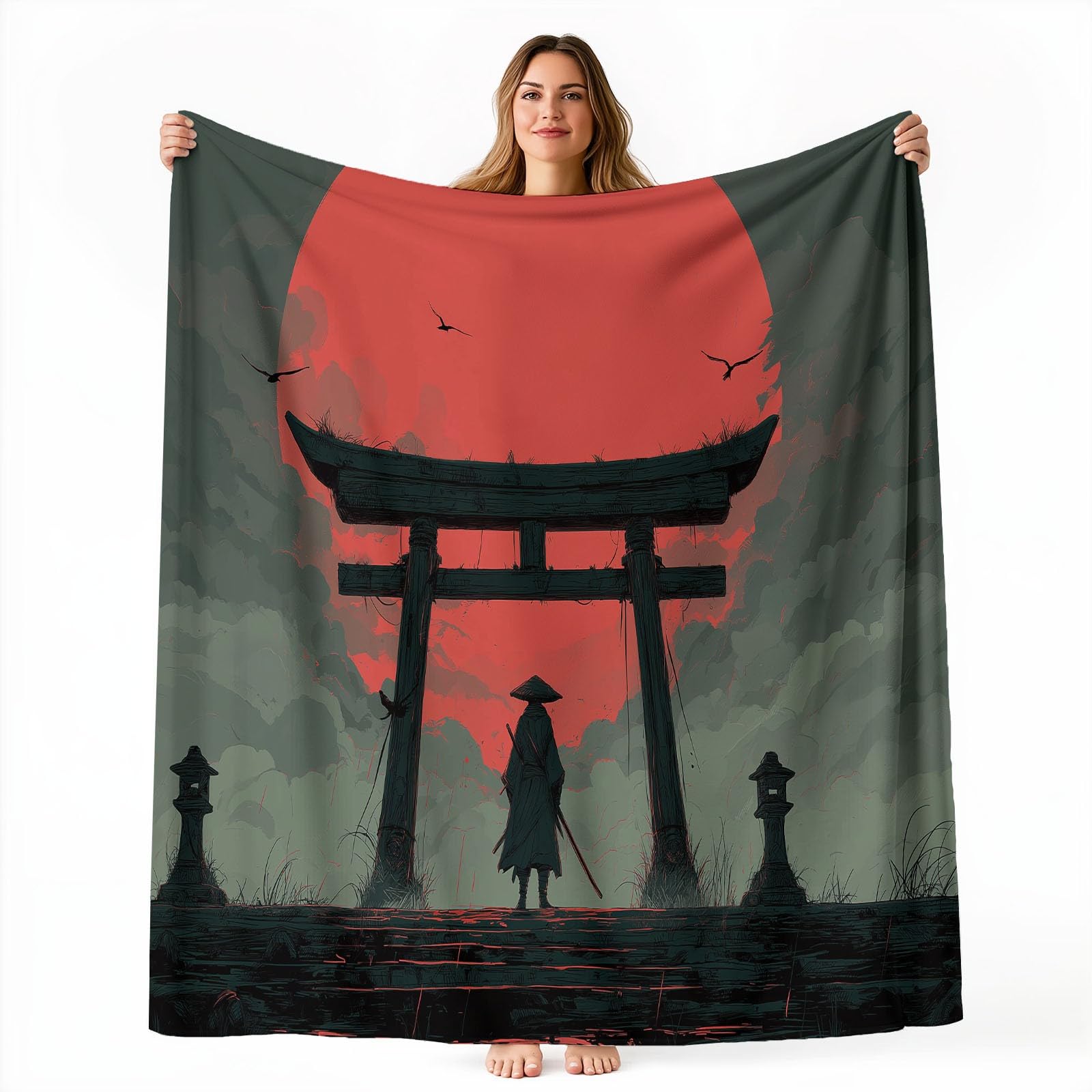 Army Green Koce i Pledy z nadrukiem - Anime Tajemnica Samuraj Torii Koce Polarowe Miękkie Przytulne, Ciepłe Flanelowe Dla Dziewcząt Dzieci Dorosłych Sofa Podróżna 150 x 200 cm