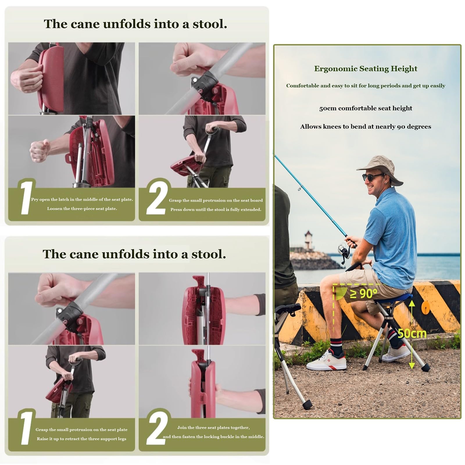 Bastón Plegable Ligero De 3 Patas Con Base De Goma Antideslizante Para Viajes Y Senderismo,Con Capacidad De 110 Kg Black,L