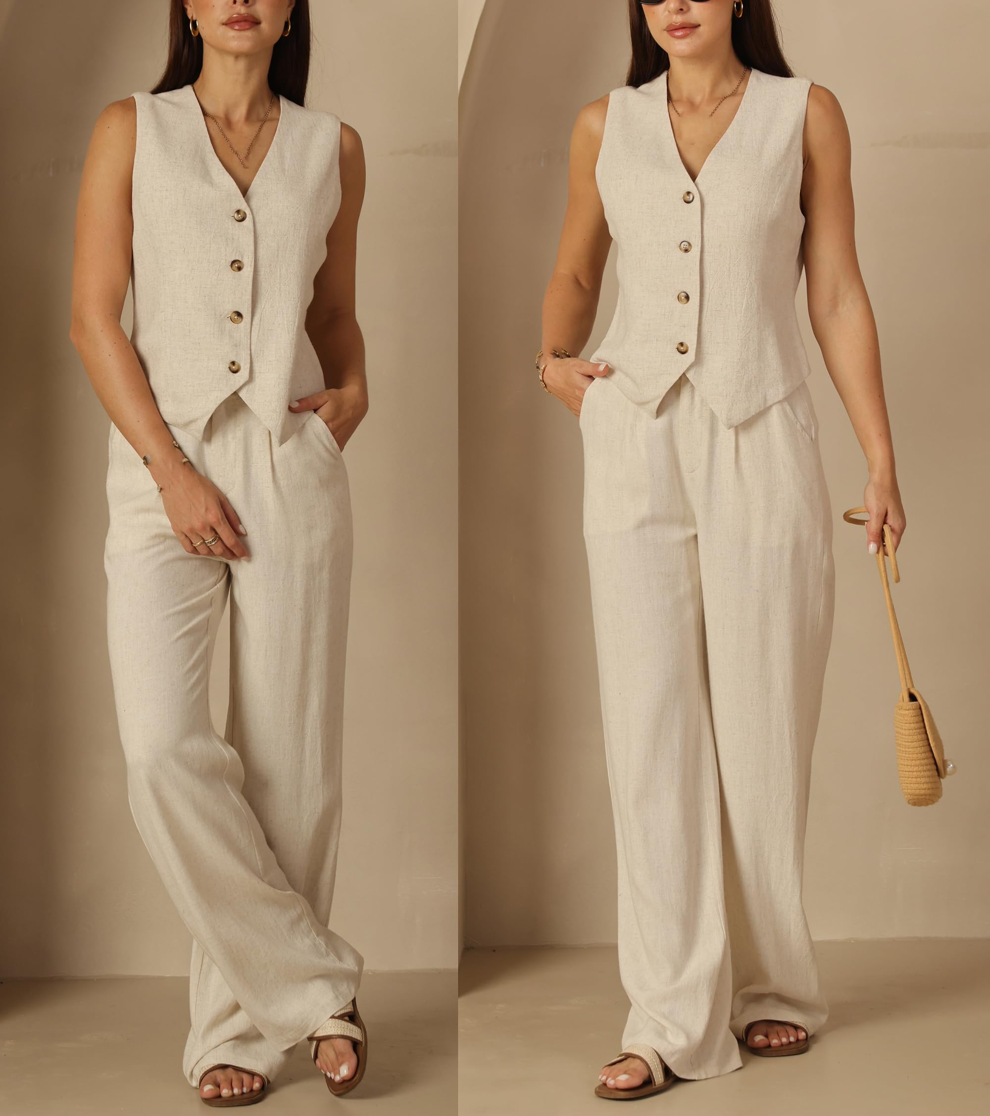 Fakanhui 2 pezzi vestito da donna in lino estivo gilet completo completo gamba larga pantaloni business tempo libero vacanza set lavoro