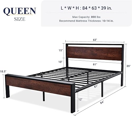 Miniatura 58 de Allewie Base de cama de plataforma tamaño King con cabecera y estribo de madera, soporte de 12 listones de metal resistente, no necesita somier,