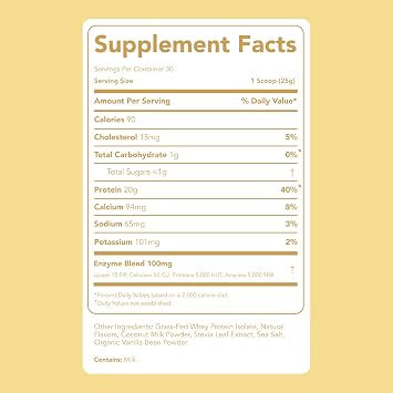 Clean Simple Eats Whey Isolate Protein Powder, Simply Vanilla, Naturally Sweetened, Zero Added Sugar, 20g 100% Grass Fed Protein Powder with Digestive Enzymes, Gluten Free, Non GMO, 30 Servings