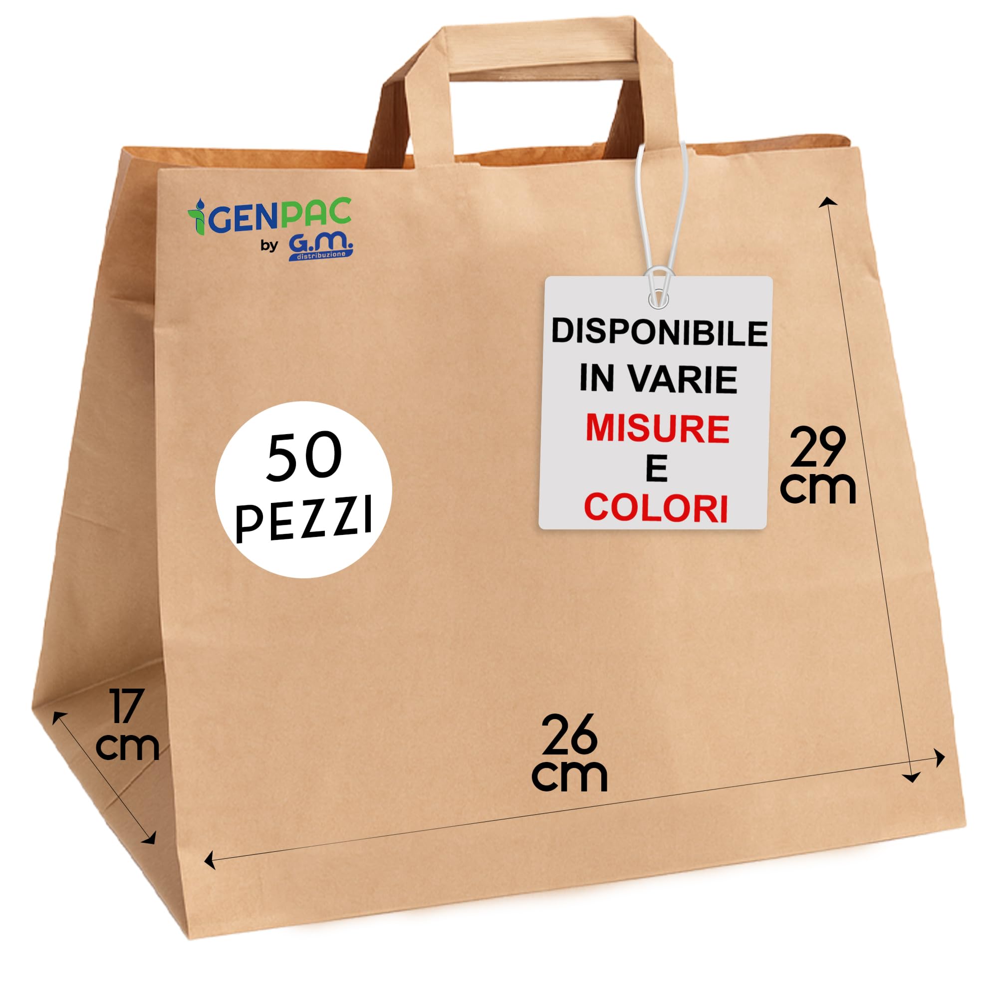 GM 50 Shopper Asporto in Carta 26+17x29h cm Avana Borse con Base Larga e Manici per Cibo Bevande Take Away