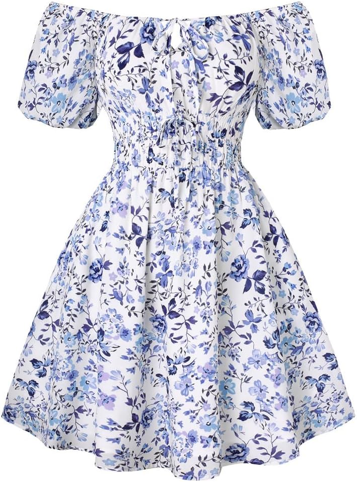 Scarlet Darkness Women's Off The Shoulder Summer Dress Floral Puff Sleeve Renaissance Dresses