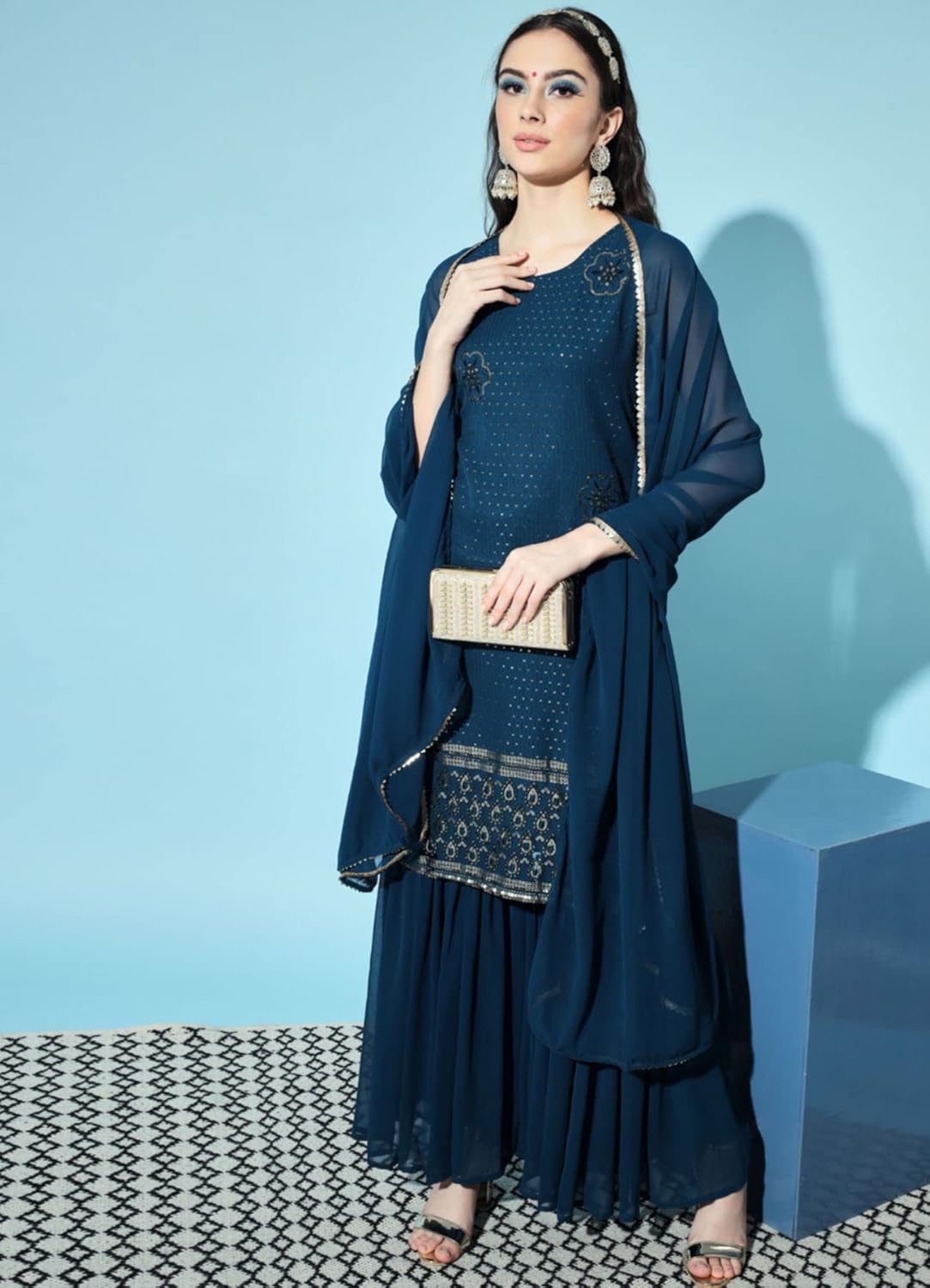 Shopping Queen Women's Georgette Embroidered Kurta and Sharara & Dupatta Set