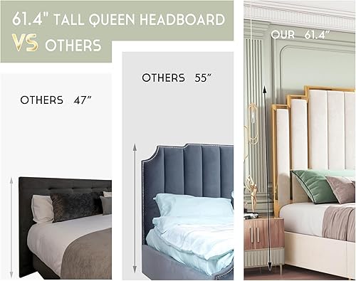 Miniatura 5 de HOWE Base de cama tamaño Queen y cabecera de 61 pulgadas, cama tapizada con borde chapado en oro, cama de plataforma moderna, no necesita somier