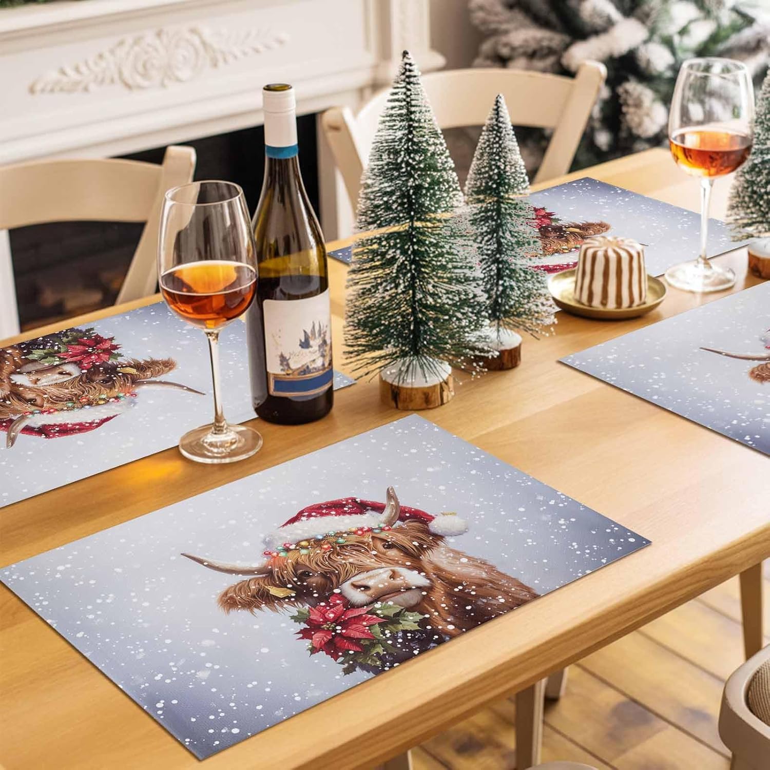 Christmas Placemats Set of 6 Highland Cow Poinsettia Placemats for Dining Table Winter Snowy Winter Holiday Seasonal Table Mats for Christmas Party Home Deoration