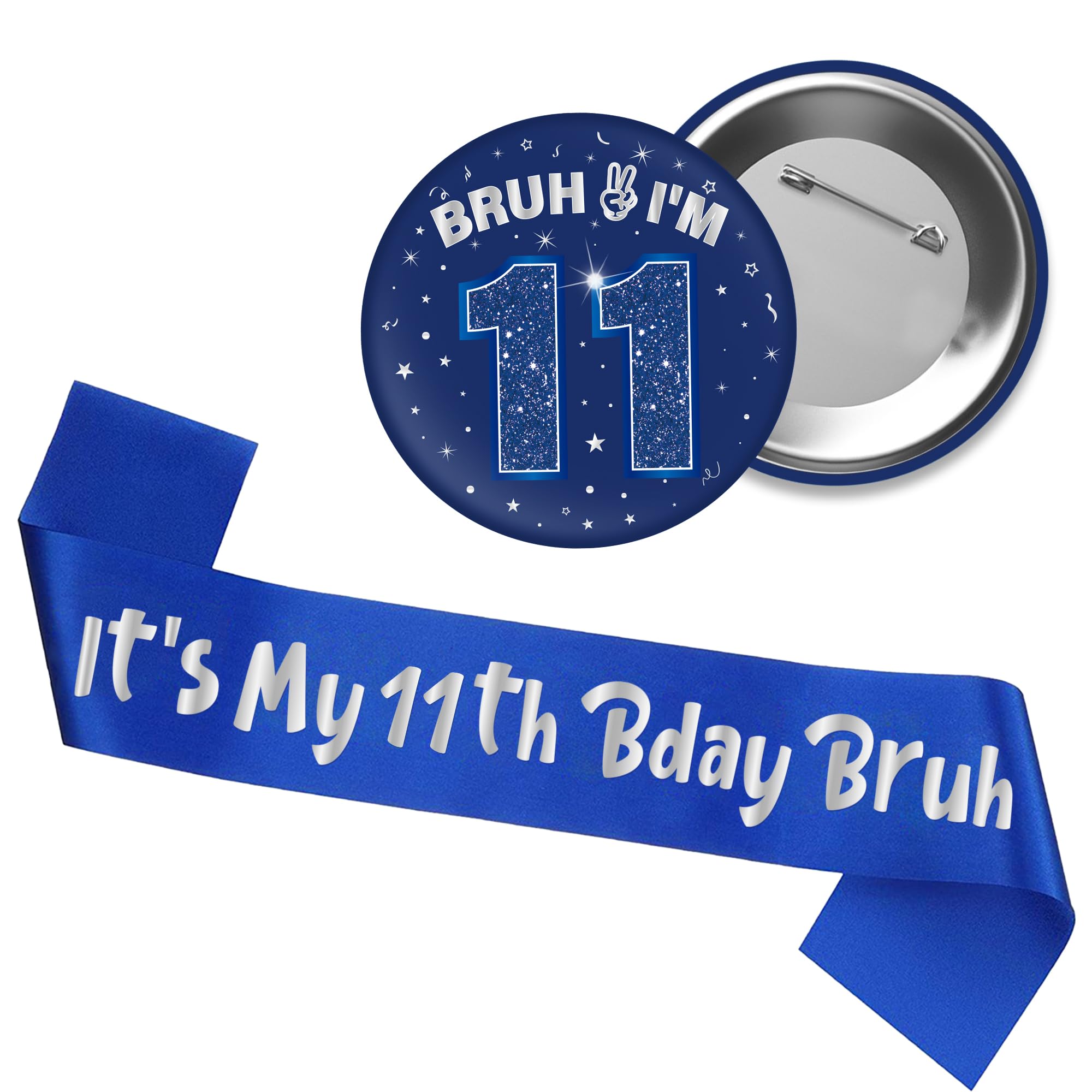 11th Birthday Decorations Badge Sash - 2 PC Blue Silver It's My 11th Bday Bruh Cool Sash Bruh I'M 11 Funny Badge Accessory Gift for Photo Prop He Boys 11 Year Old Son Grandson Party Supplies