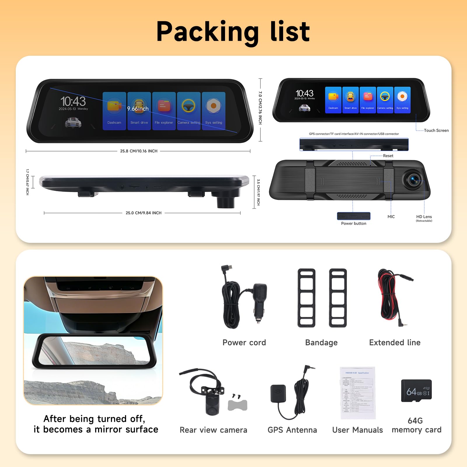 4K Specchietto Retrovisore Dash Cam WiFi GPS, ADAS BSD LCA, Telecamera Anteriore e Posteriore 1080P 9,66 Pollici Touch Screen Dashcam Auto Visione Notturna Registrazione in loop Monitor di Parcheggio
