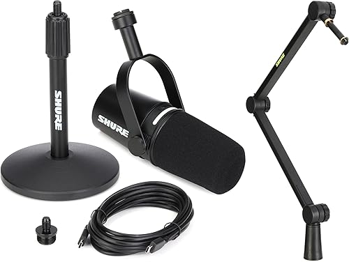Shure MV7+ - Micrófono híbrido para podcast con soporte de brazo de brazo ajustable, conectividad USB y XLR para transmisión, grabación y podcasting