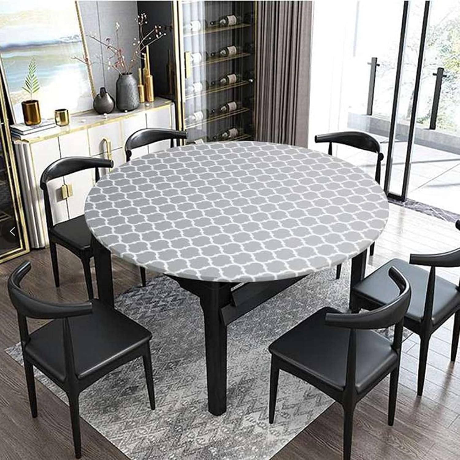 GRISHA Waterproof Round Tablecloth,Elastic Edged Fitted,Oilcloth,PVC,Wipeable,Outdoor circular plastic cover. (Grey Stripe, 65x 85cm)