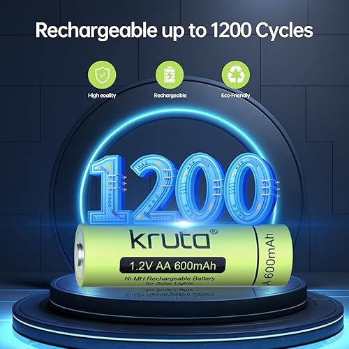 Miniatura 7 de Kruta Batería AA recargable para luces solares al aire libre, paquete de 12 unidades de 1.2 V NiMH 600 mAh precargada doble A batería solar para