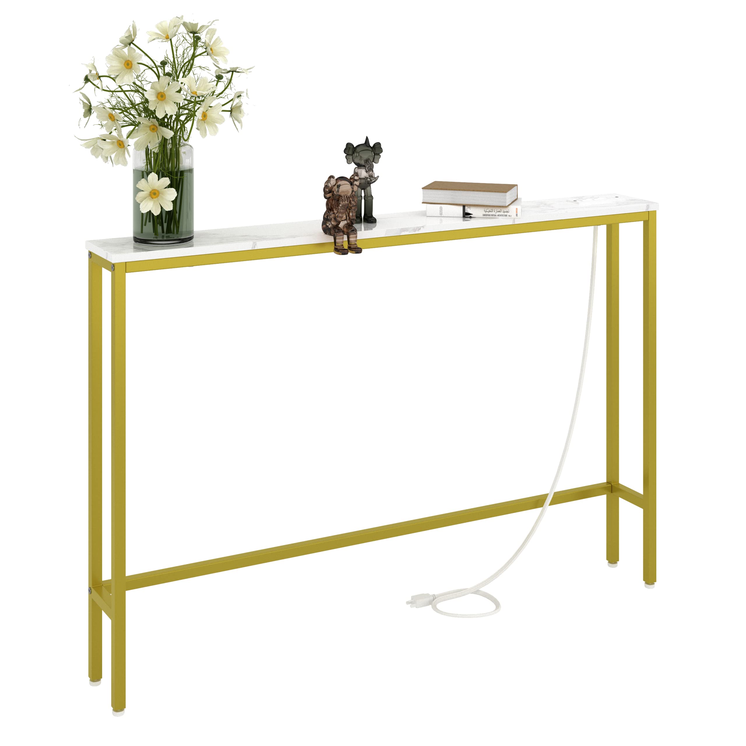 Leomonio 5.9" Narrow Sofa Table with Outlet, 47" Long Console Table Behind Couch, Skinny Table with Charging Station for Entryway, Hallway and Living Room, Marble White (1 Pack)