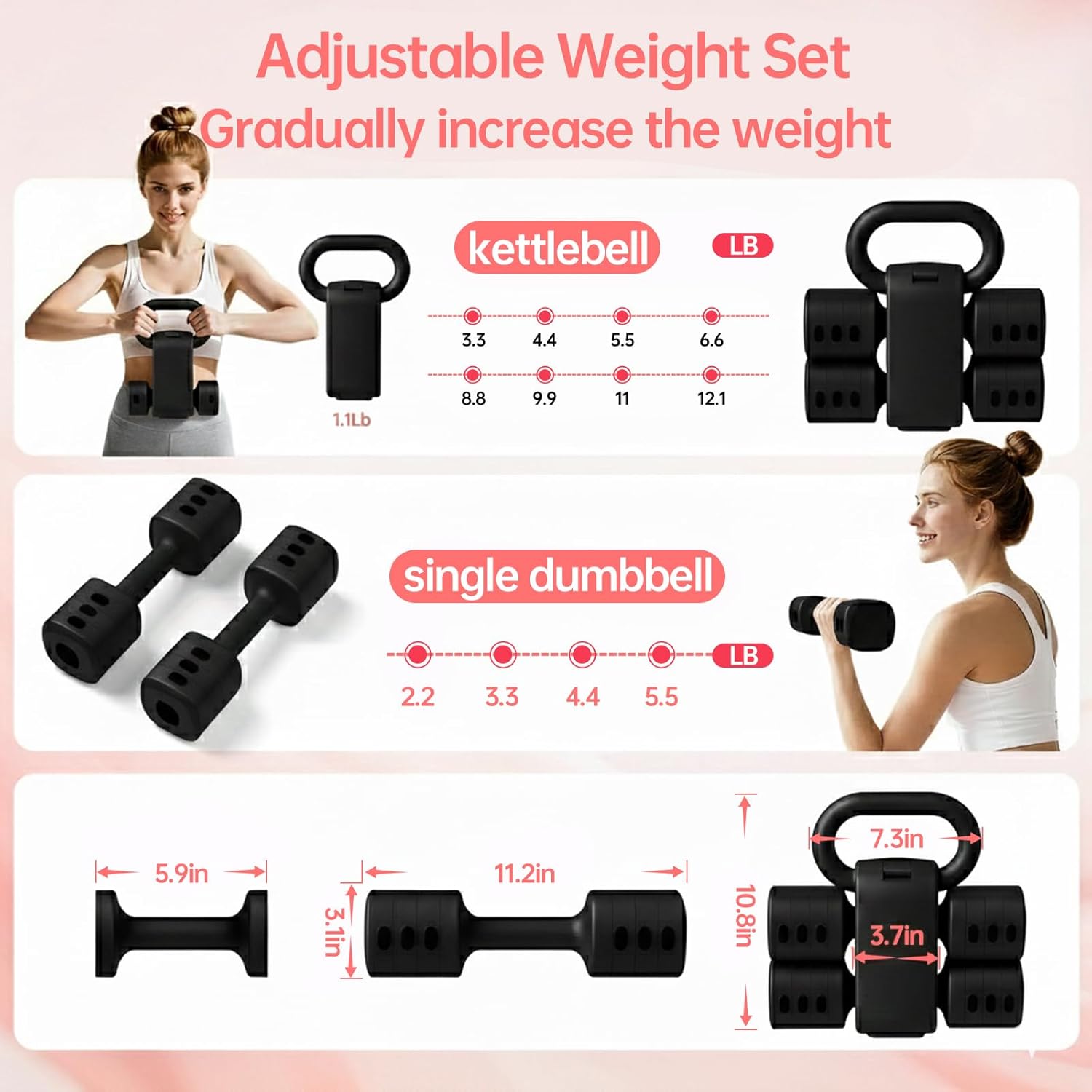 Adjustable Kettlebell Set, 4-in-1 Free Weight Kettlebell sets (5.5lbs 7.7lbs 9.9lbs 12.1lbs) for women, Hand Weight Dumbbell Set of 2 for Home Gym Fitness Training