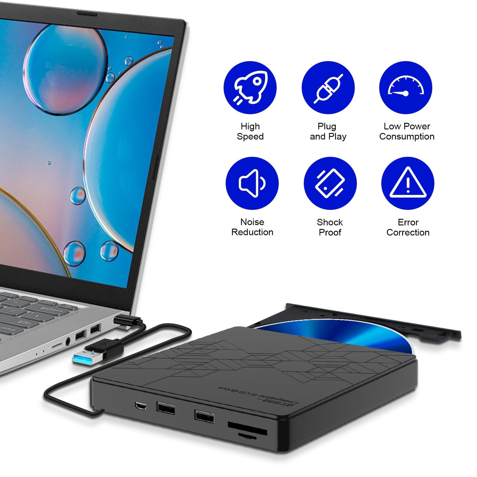 RUIZHI BLU-Ray - Unidad Externa de CD DVD para Ordenador portátil Windows 11/10/7, MacBook, Color Negro