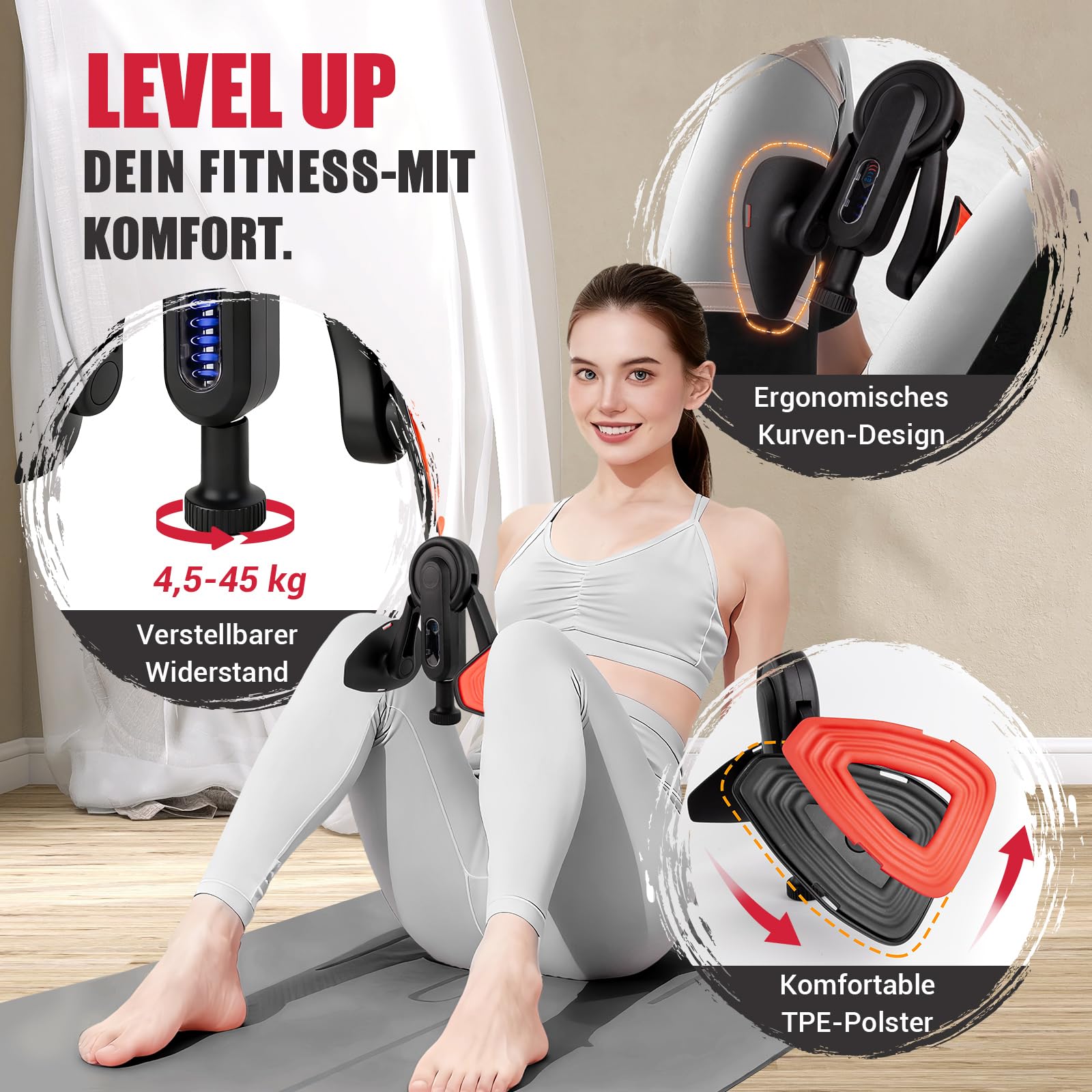 Oberschenkeltrainer, 10-100 lbs Beintrainer für Zuhause mit Widerstandsbändern & Trainingsposter, Multifunktionaler Beckenbodentrainer für Frauen & Männer, Adduktoren & Abduktoren Trainingsgerät