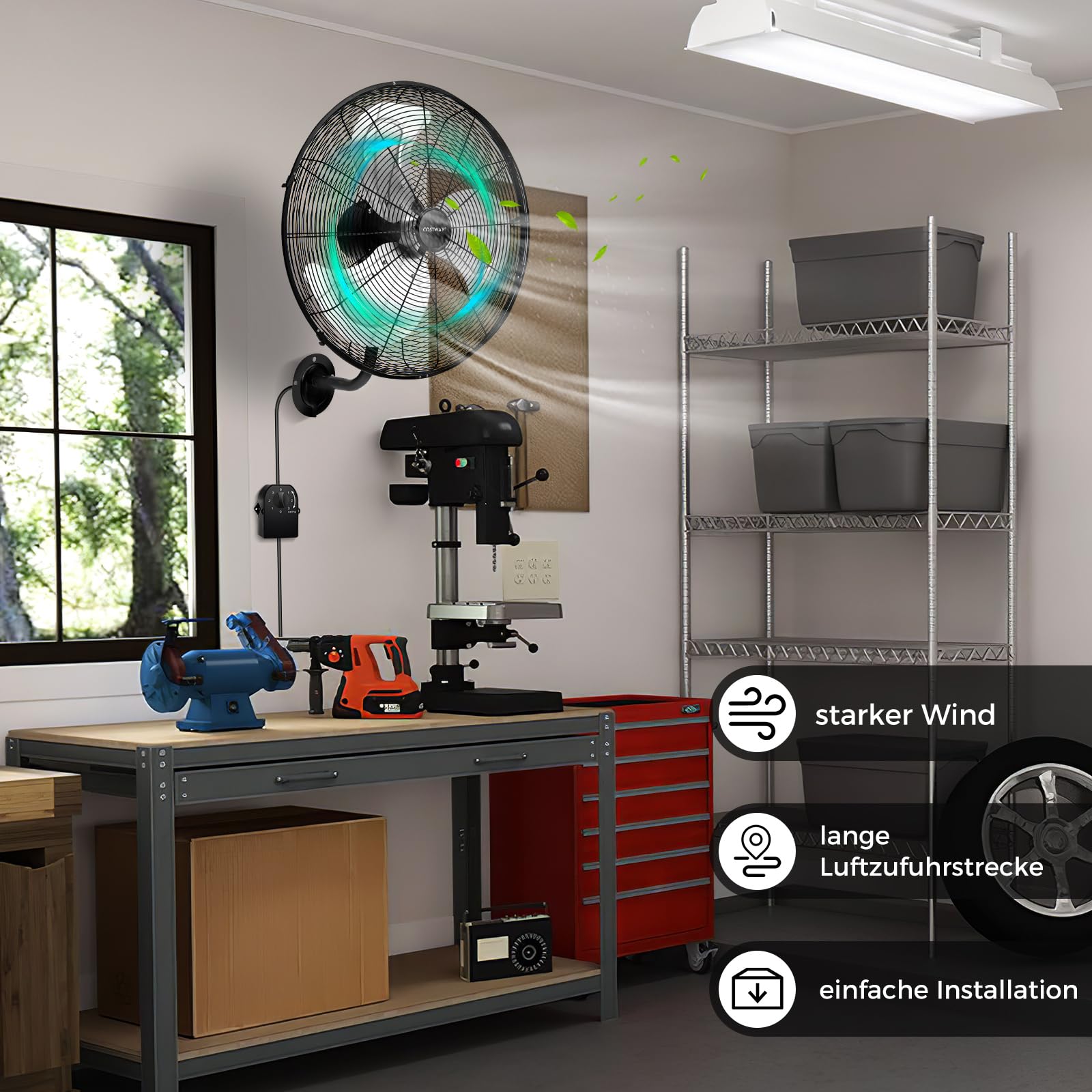 COSTWAY Industrieller Wandventilator 56cm, 85° Oszillation, 3 Geschwindigkeitsstufen, Schwarz