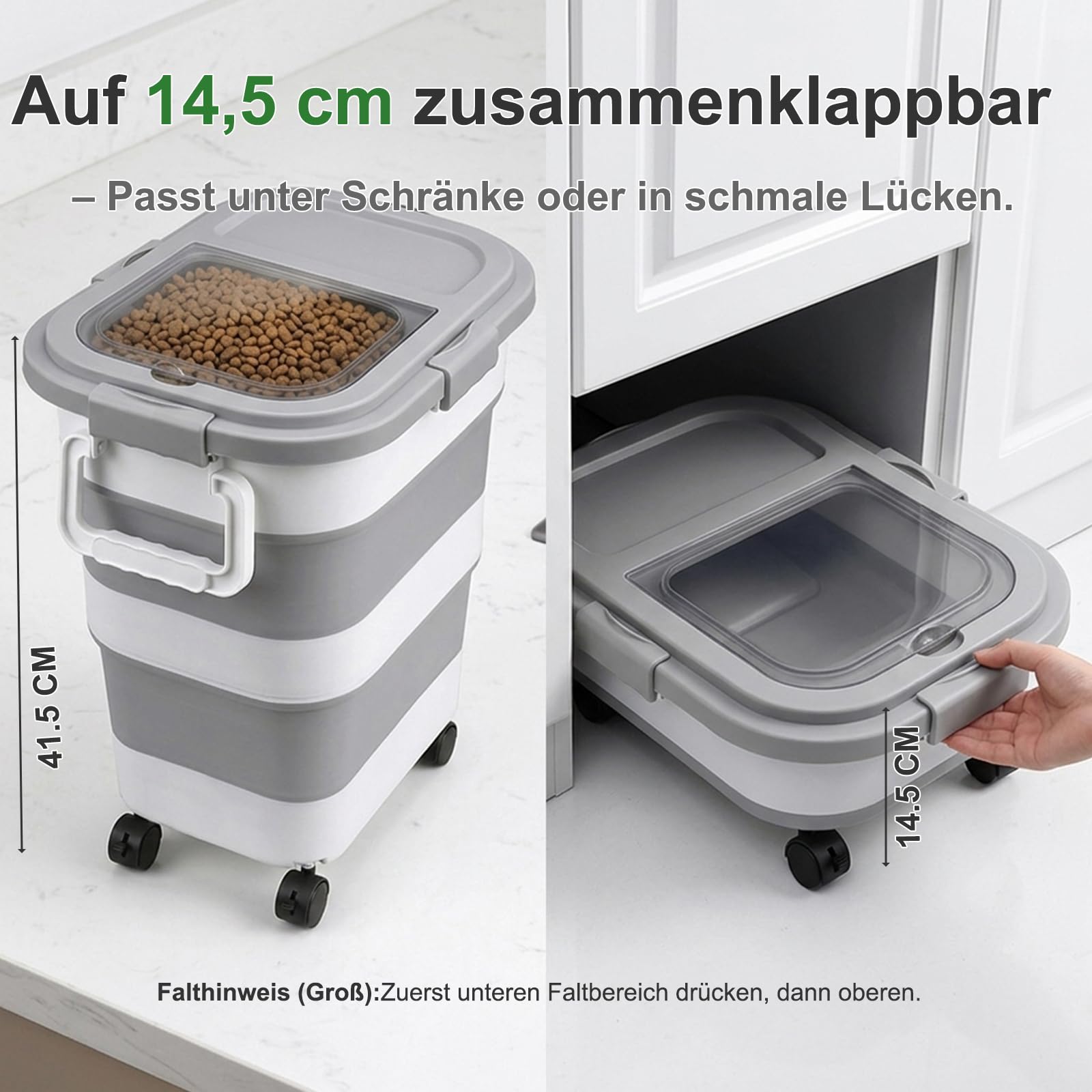 FUSHITON Großer faltbarer Hundefutterbehälter mit Rollen 24L – Trockenfutter Vorratsbehälter luftdicht mit Clip-Verschluss, inkl. Schaufel + 1000ml Messbecher, platzsparend klappbar, grau