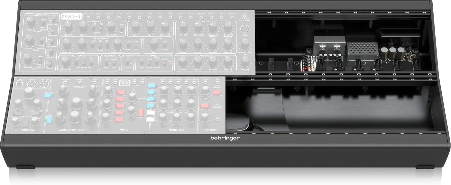 ముందు view of the Behringer Eurorack Go case, highlighting the internal power supply and module connections.