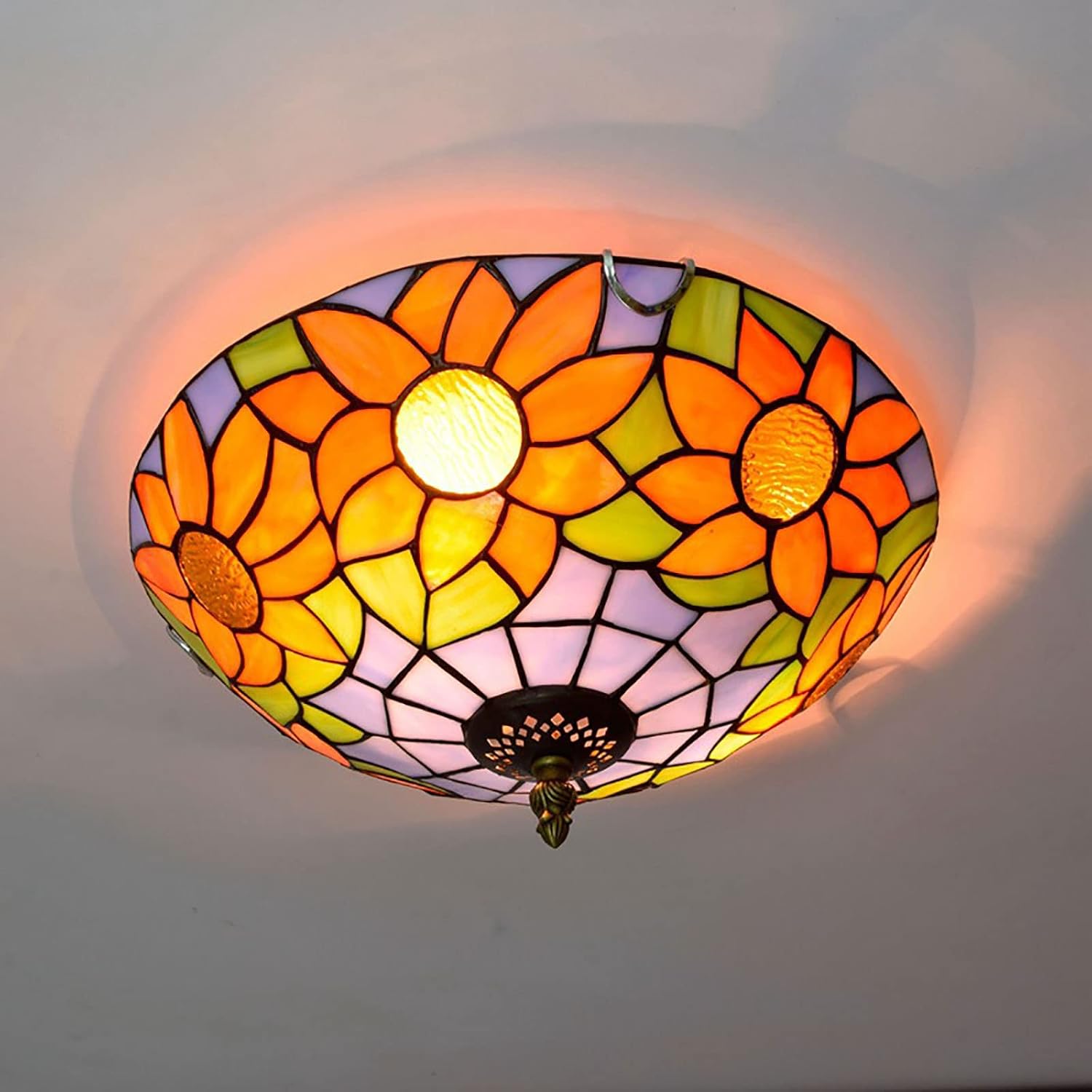 12 Inch 2-Light Pastoral Tiffany Flush Mount Ceiling Light, Sunflower Stained Glass Ceiling Lamp Decor for Kitchen Island Hallway Dining Room Bedroom,B