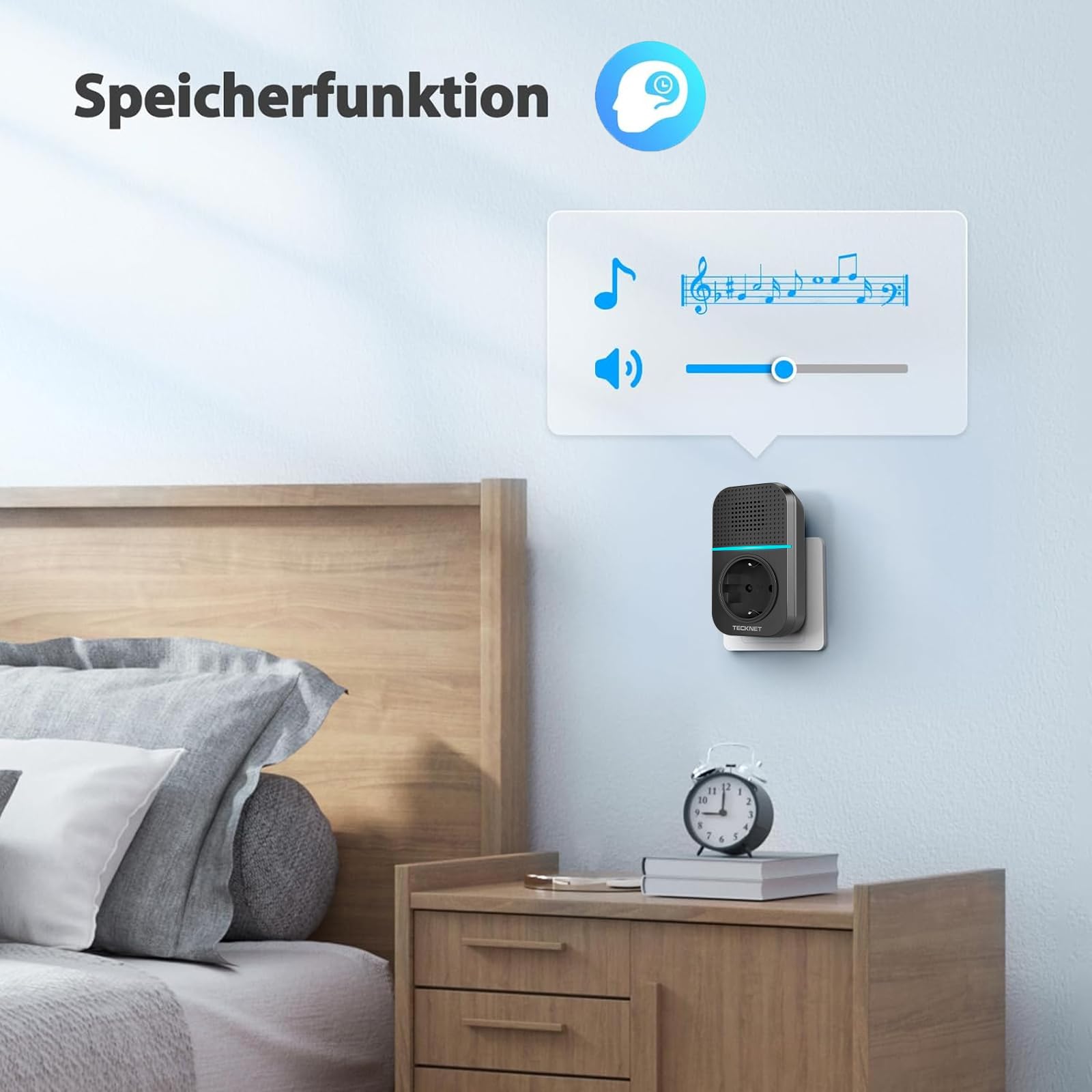 TECKNET Kabellose Türklingel Batterielose, Steckdosen-Funkklingel Wasserdicht Drahtloses Türklingel mit 4 EU-Steckdose und 1 Sender, 400m, 60 Laute Melodien, 5 Lautstärke Stufen, LED-Blinken