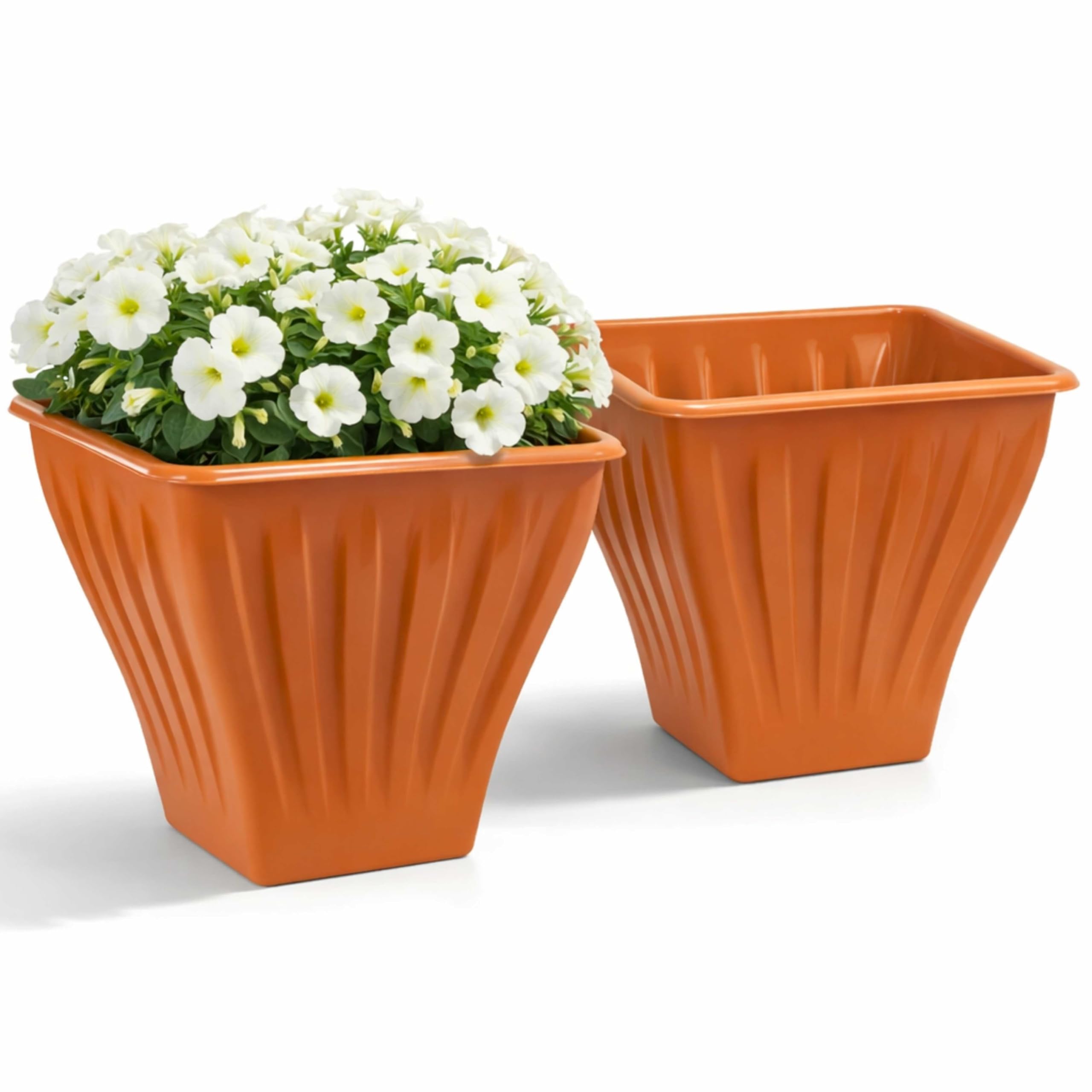 Adeptna Terracotta Large Square Planters Set Of 2 Weather Resistant Plastic Plant Pots With Drainage Holes Outdoor Garden Flower Boxes For Patio Balcony & Decking