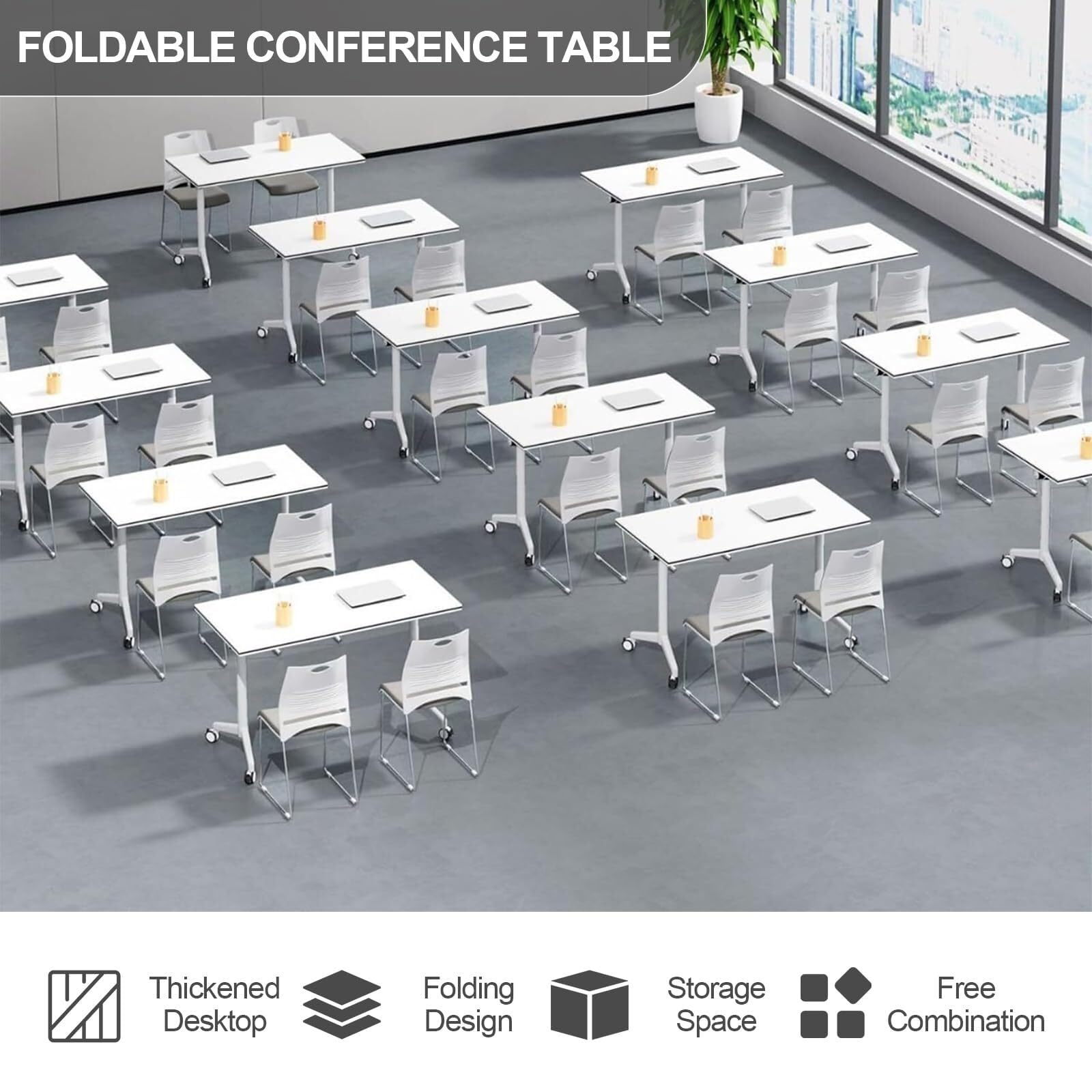 Klappbarer Konferenztisch, moderner, 1,80 m großer, weißer Meeting-Klapptisch mit großer mobiler Trainings- und Seminarkonsole mit leisen Rädern für Büro, Klassenzimmer, 4-teilig, 120 x 60 x