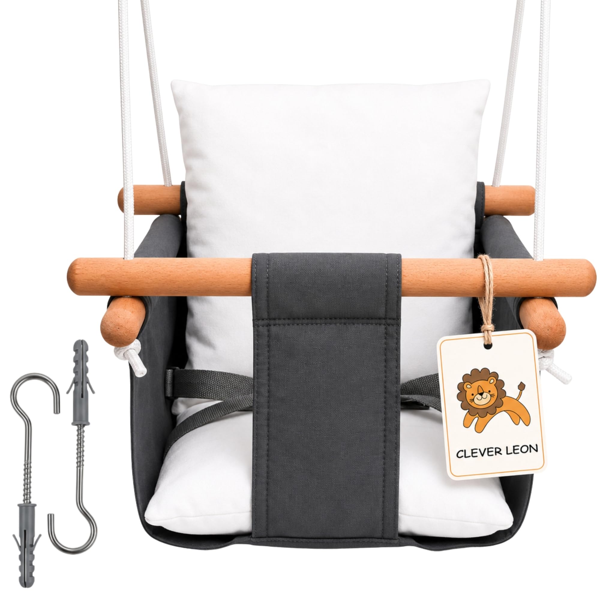 Balançoire bébé intérieur Coton Bois hêtre Blanc 30 kg | Avec ceinture de sécurité, hauteur réglable et ancrage plafond, Fabriquée en UE