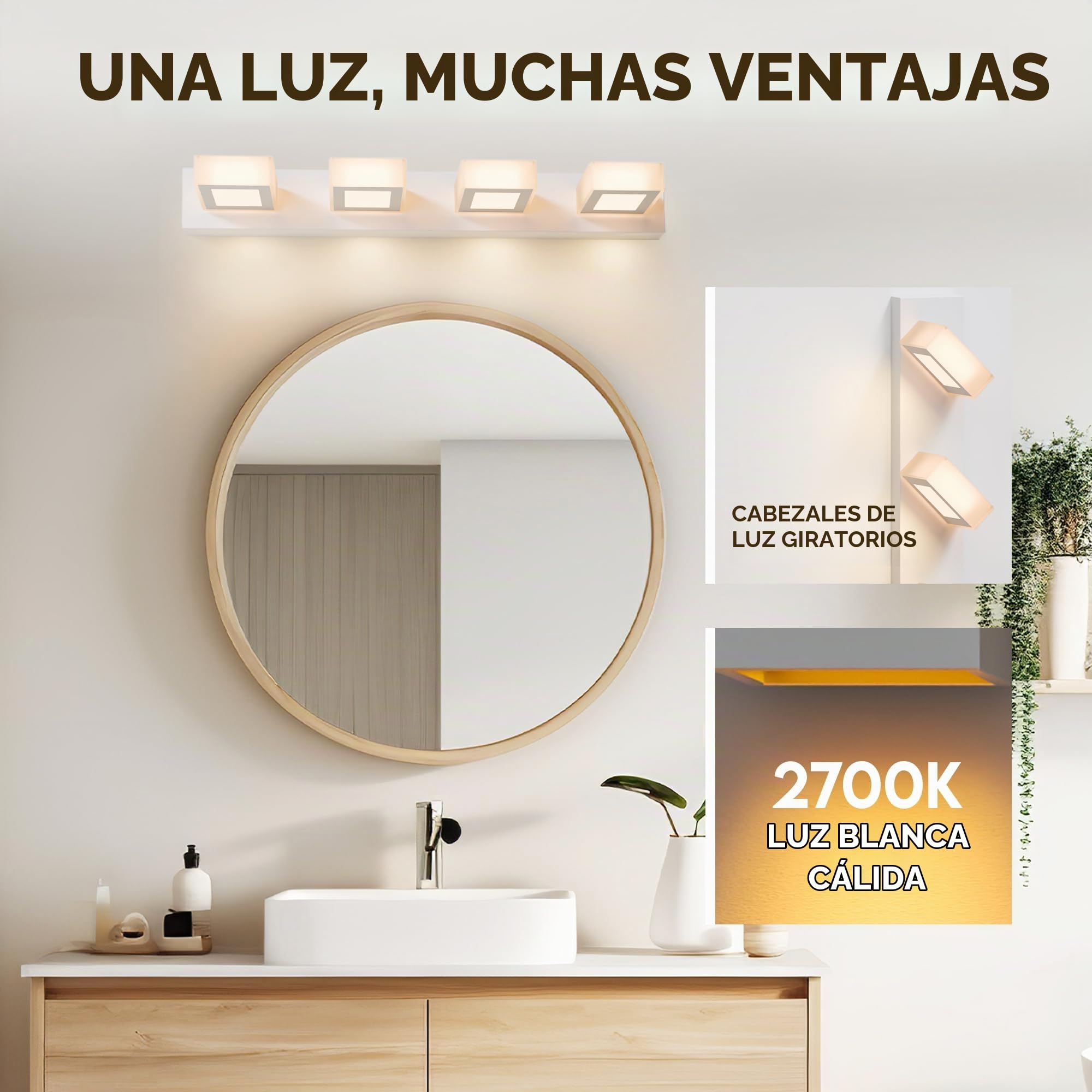 luz baño para espejo - aplique espejo baño Mirror Light, 60 cm, blanca, luz baño pared LED para baño, aplique baño, lampara pared para interiores, lámpara con luz cálida, 2700 Kelvin