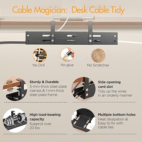 Miniatura 3 de Bandeja retráctil para organizar cables debajo del escritorio sin taladros, bandeja de cables de 17 a 30 pulgadas de largo con montaje de